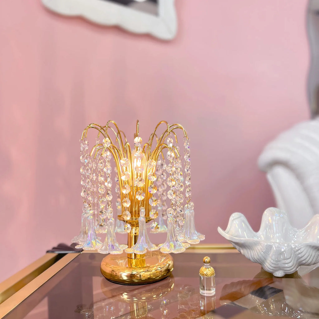 Lampe pampilles & fleurs en verre, Plaqué or 24k, Années 70 - Club Barbara