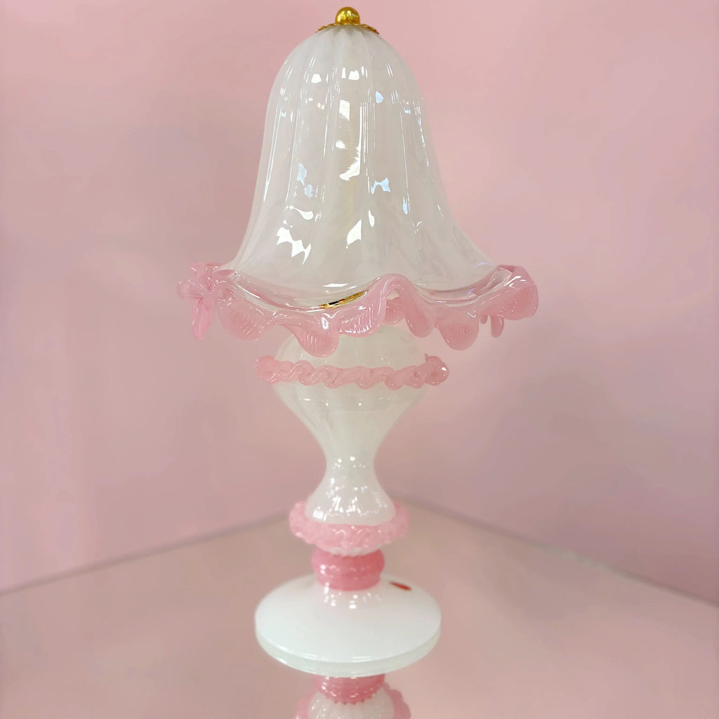Lampe de chevet vintage en verre de Murano rose poudré et opalin blanc
