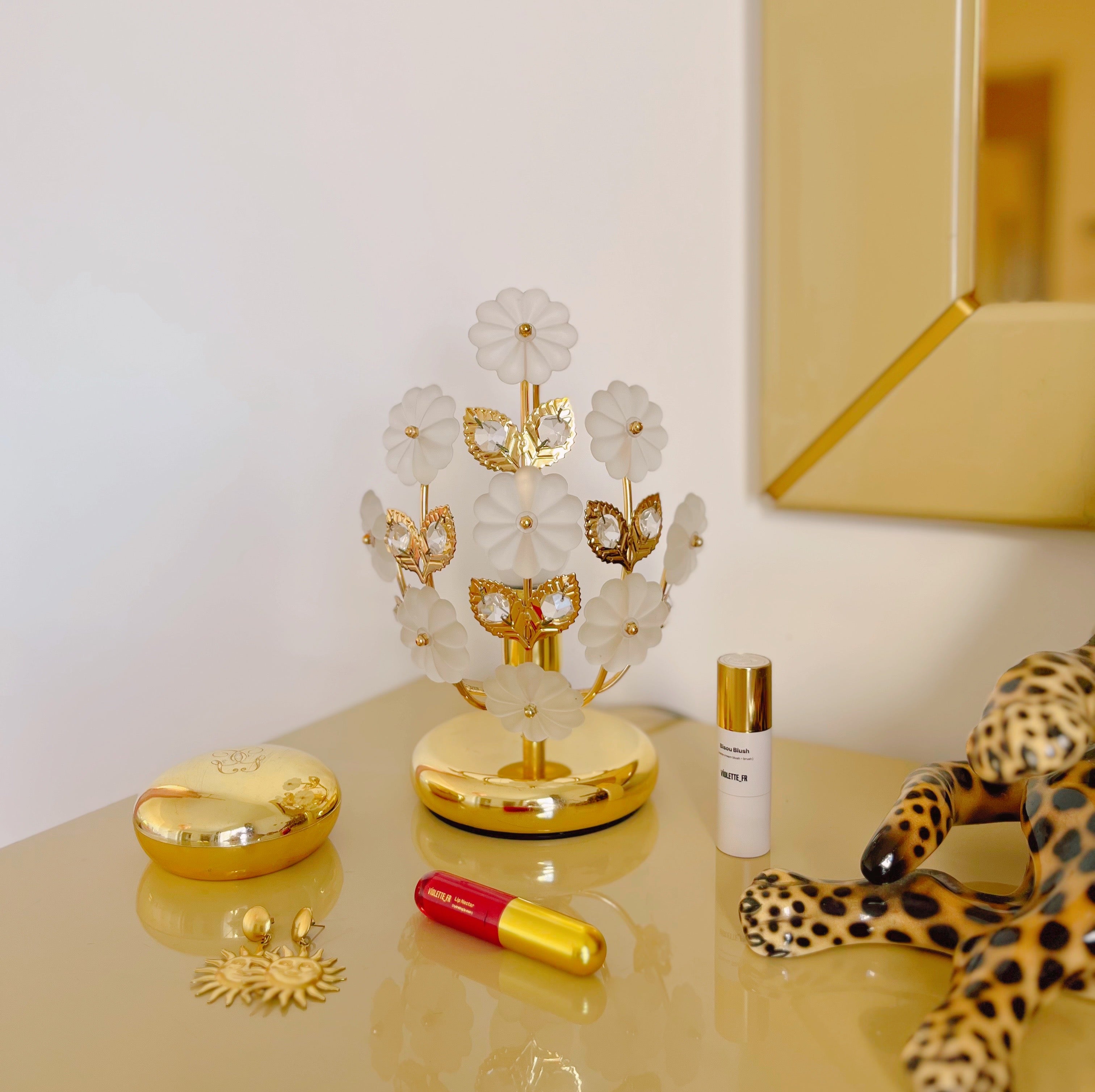 Lampe fleurs en laiton & verre dépoli, made in Italy, années 70