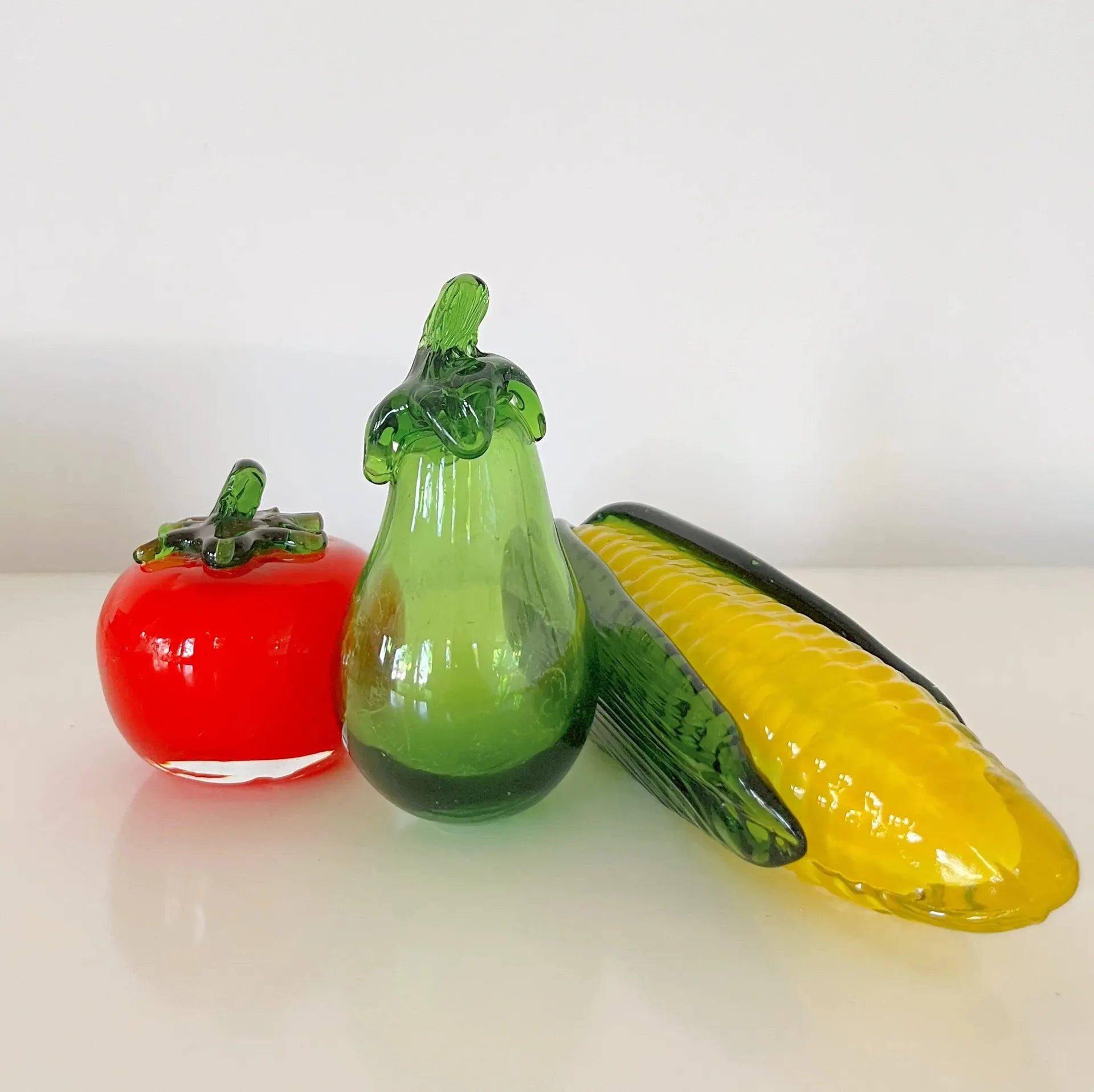 Légumes en verre de Murano soufflé vintage années 70, ensemble épi de maïs, aubergine et tomate. - Club Barbara