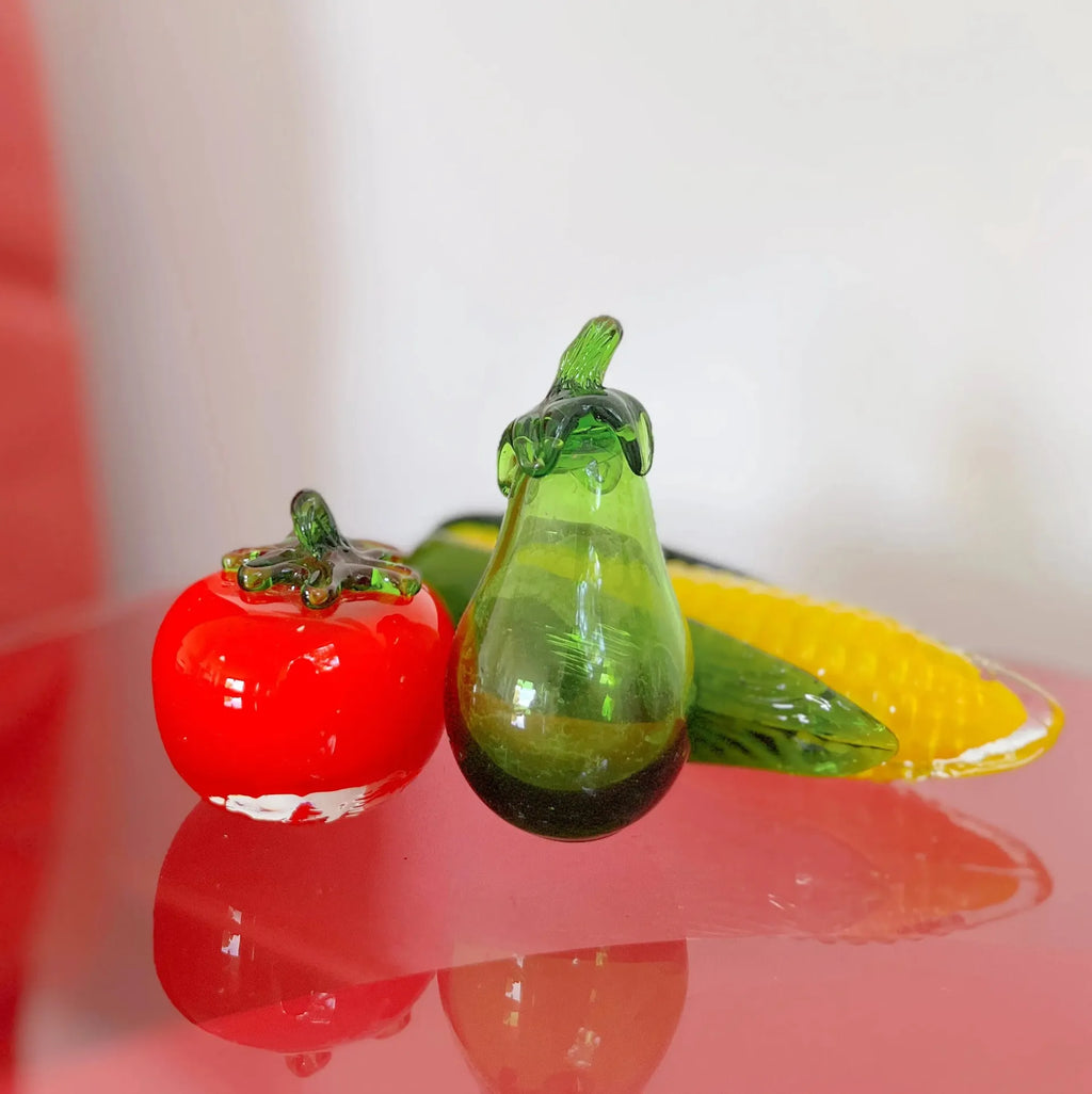 Légumes en verre de Murano soufflé vintage années 70, ensemble épi de maïs, aubergine et tomate. - Club Barbara