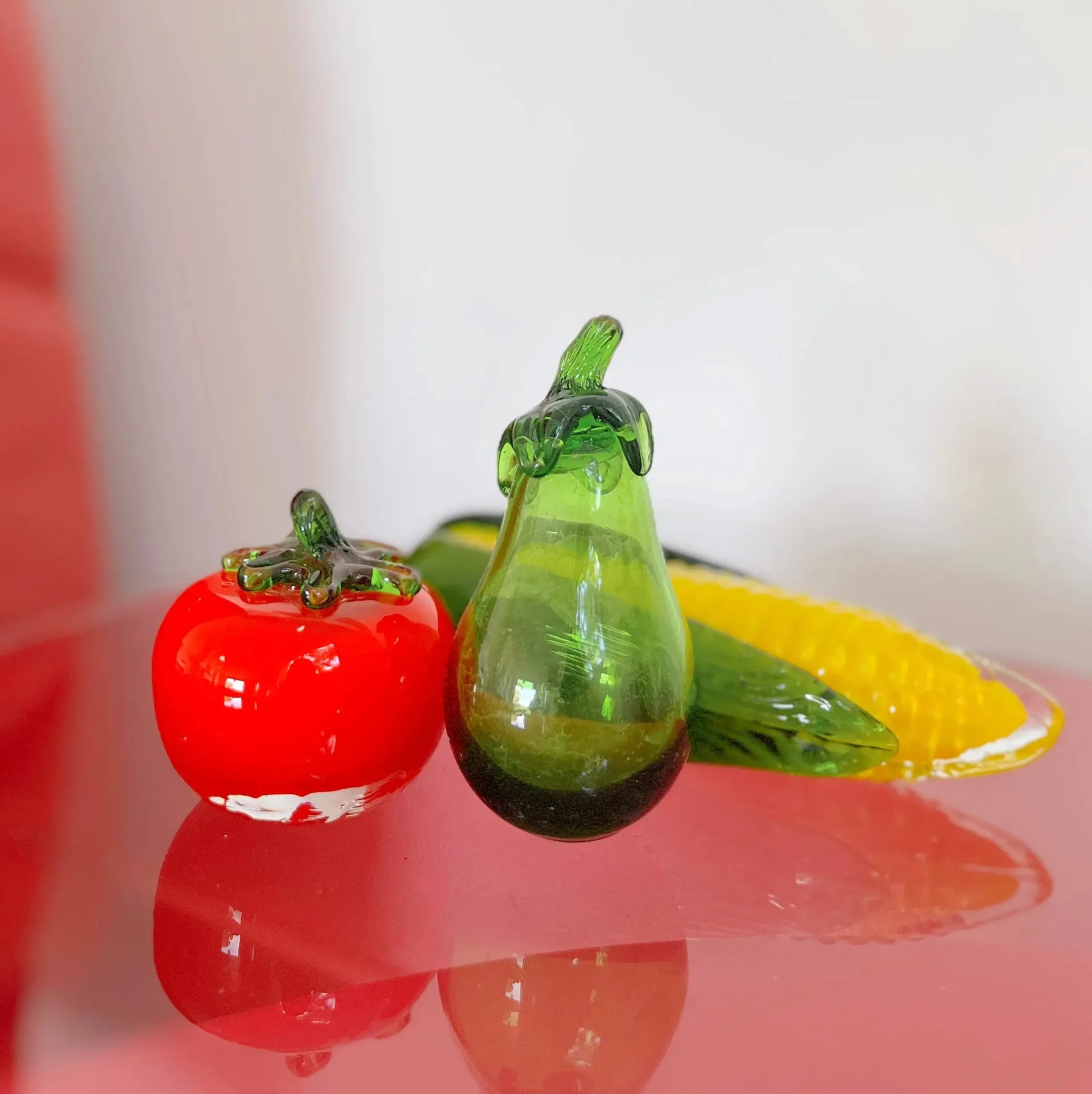 Légumes en verre de Murano soufflé vintage années 70, ensemble épi de maïs, aubergine et tomate. - Club Barbara