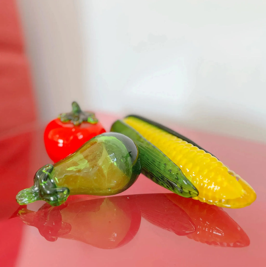 Légumes en verre de Murano soufflé vintage années 70, ensemble épi de maïs, aubergine et tomate. - Club Barbara