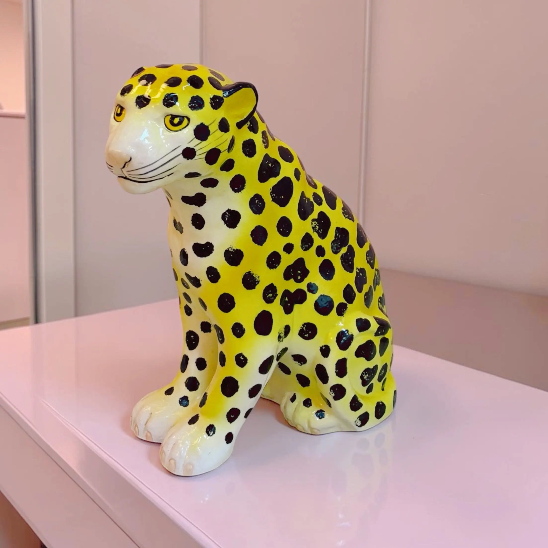 Statue jaguar vintage en céramique italienne émaillée, jaune, années 70