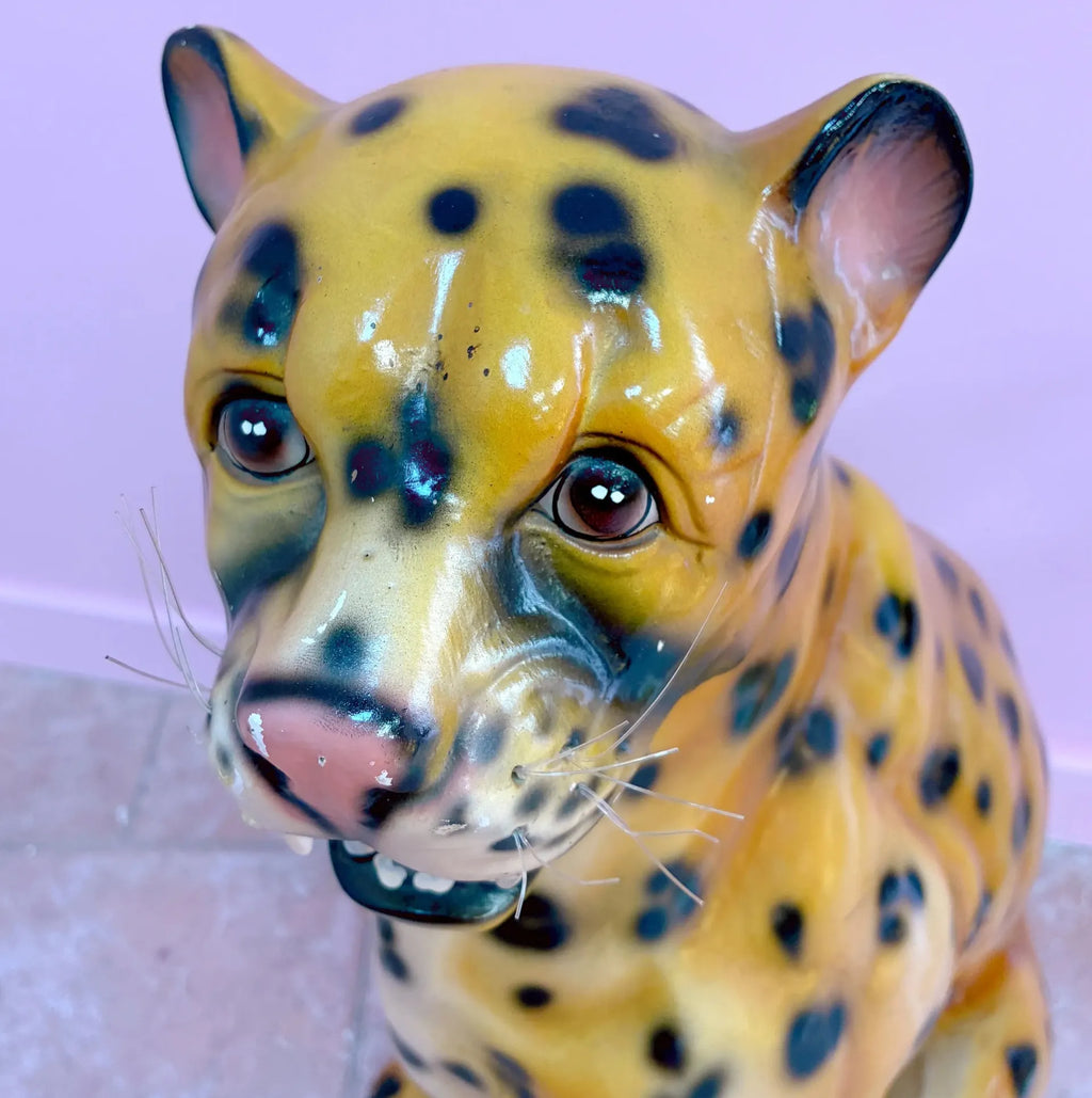Léopard vintage en céramique peinte main, finition mate, grand format, années 70 - Club Barbara