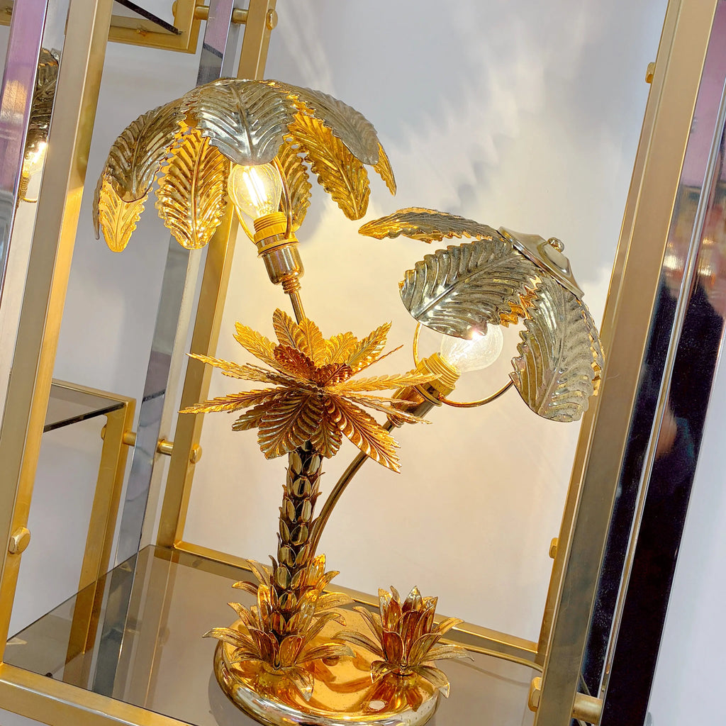 Lampe palmier laiton doré Hollywood Regency, Italie, années 70