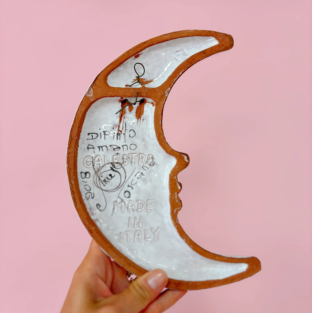 Lune murale en céramique italienne, croissant de lune visage peint à la main, années 80