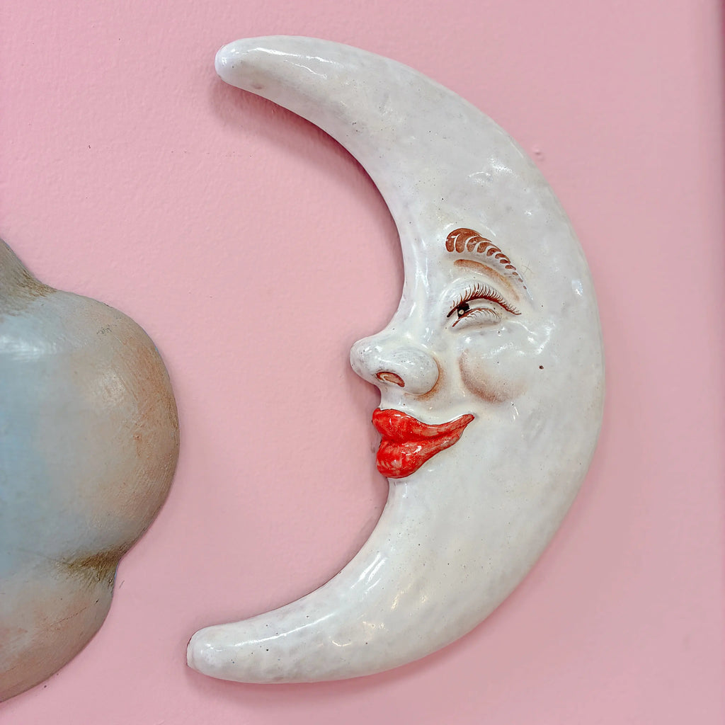 Lune murale en céramique italienne, croissant de lune visage peint à la main, années 80