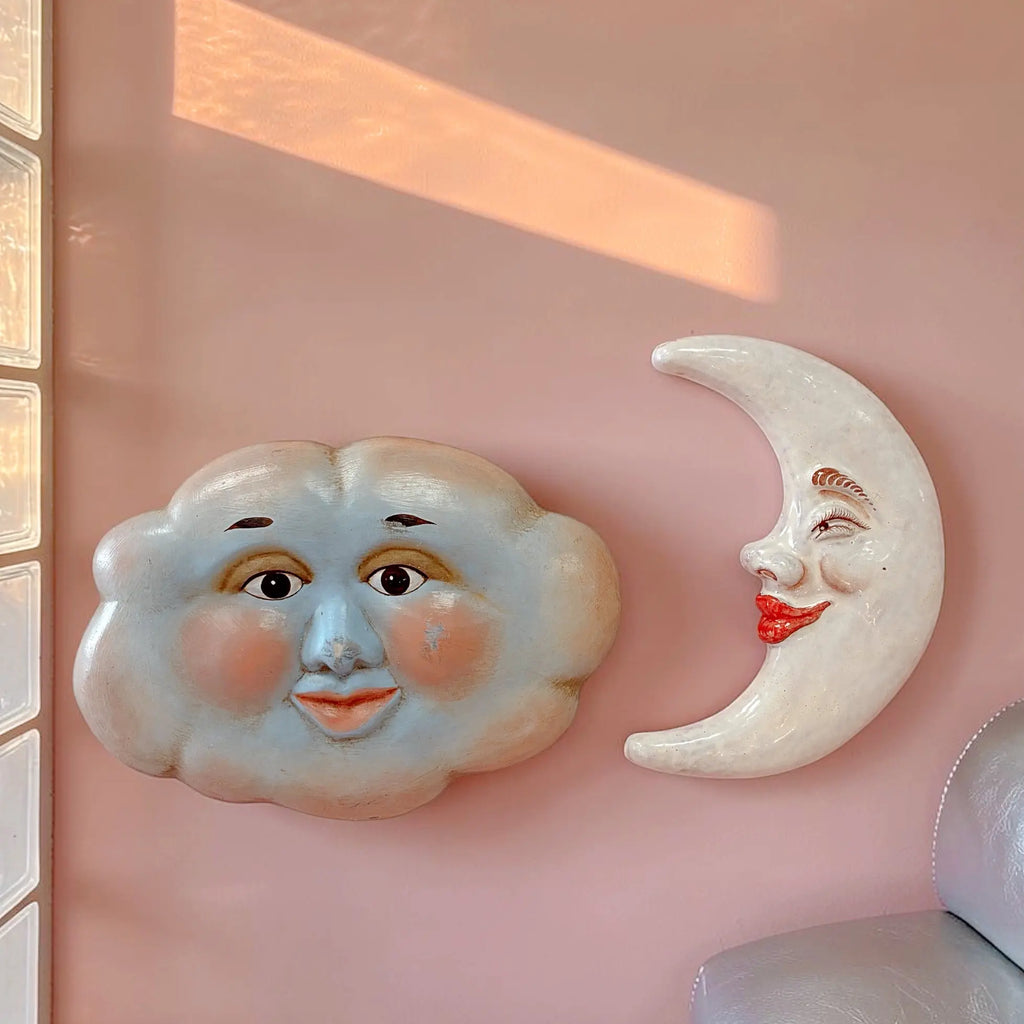 Lune murale en céramique italienne, croissant de lune visage peint à la main, années 80