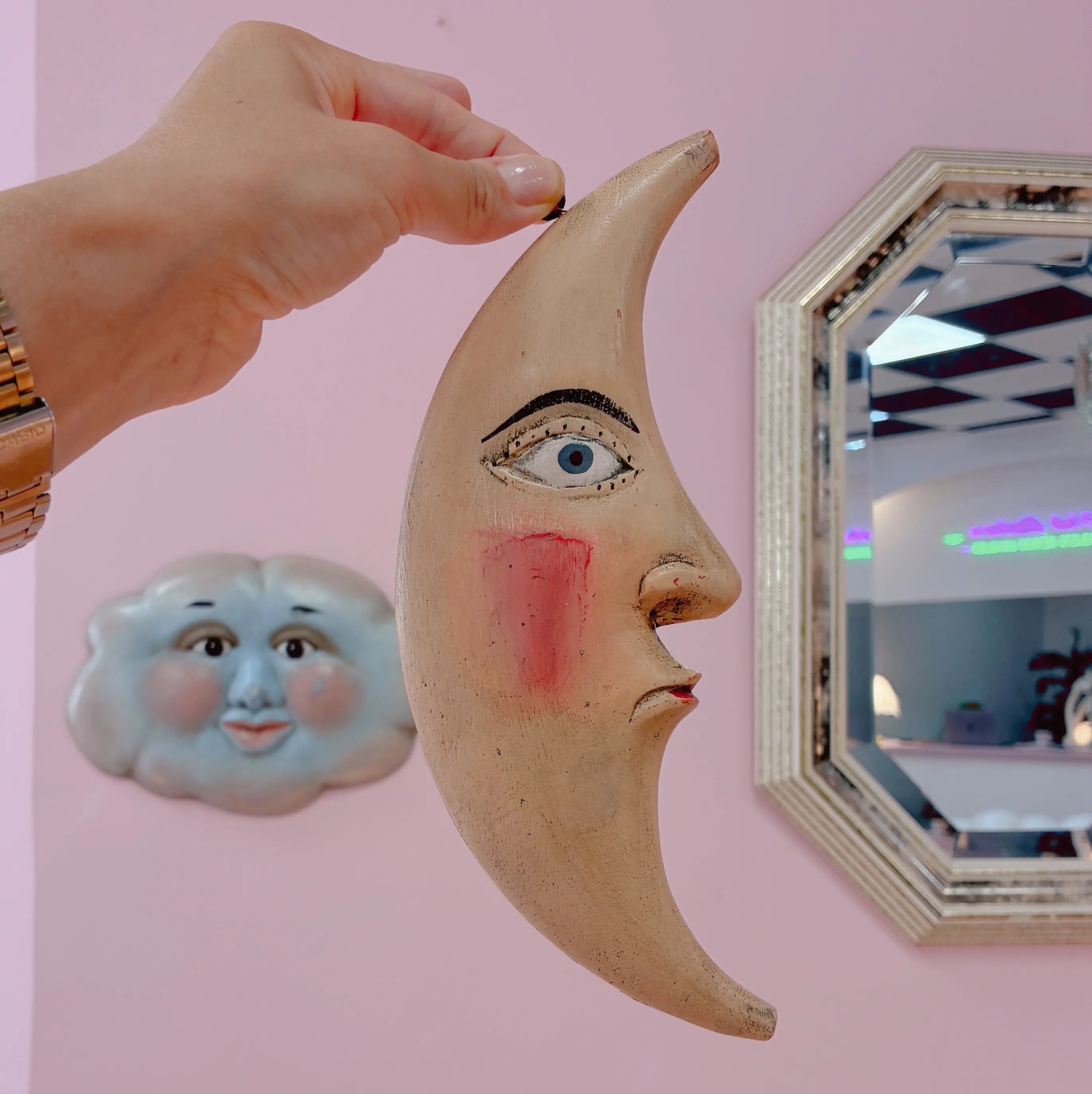 Sculpture murale lune, visage sculpté Moon Man, Folk Art vintage, années 80