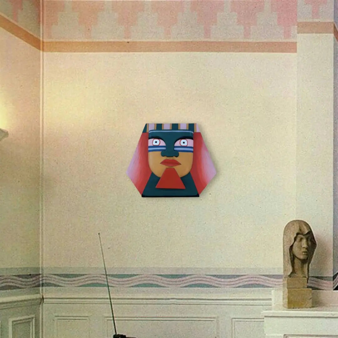 Masque mural tribal vintage en bois sculpté et coloré, décor aztèque, années 80