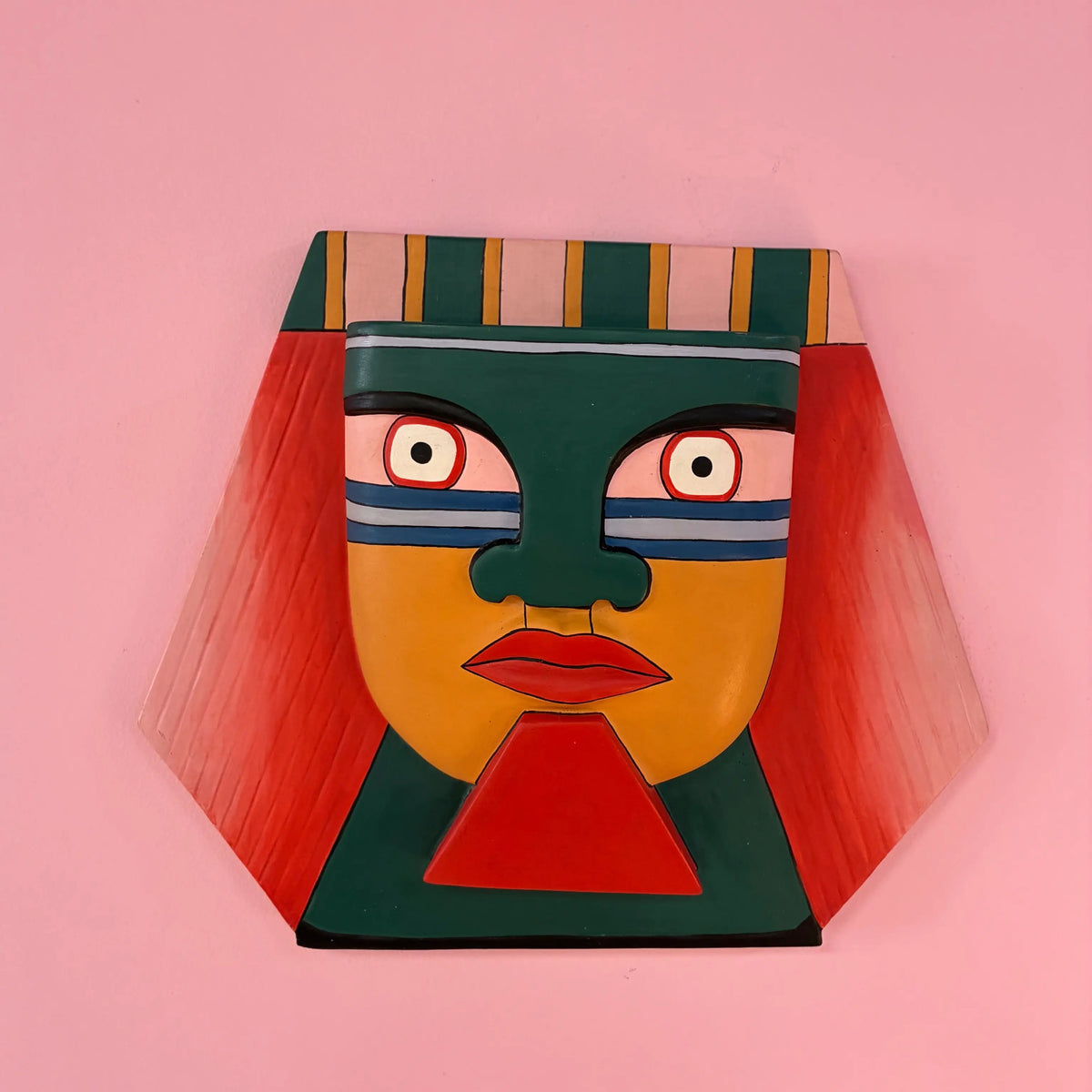 Masque mural tribal vintage en bois sculpté et coloré, décor aztèque, années 80