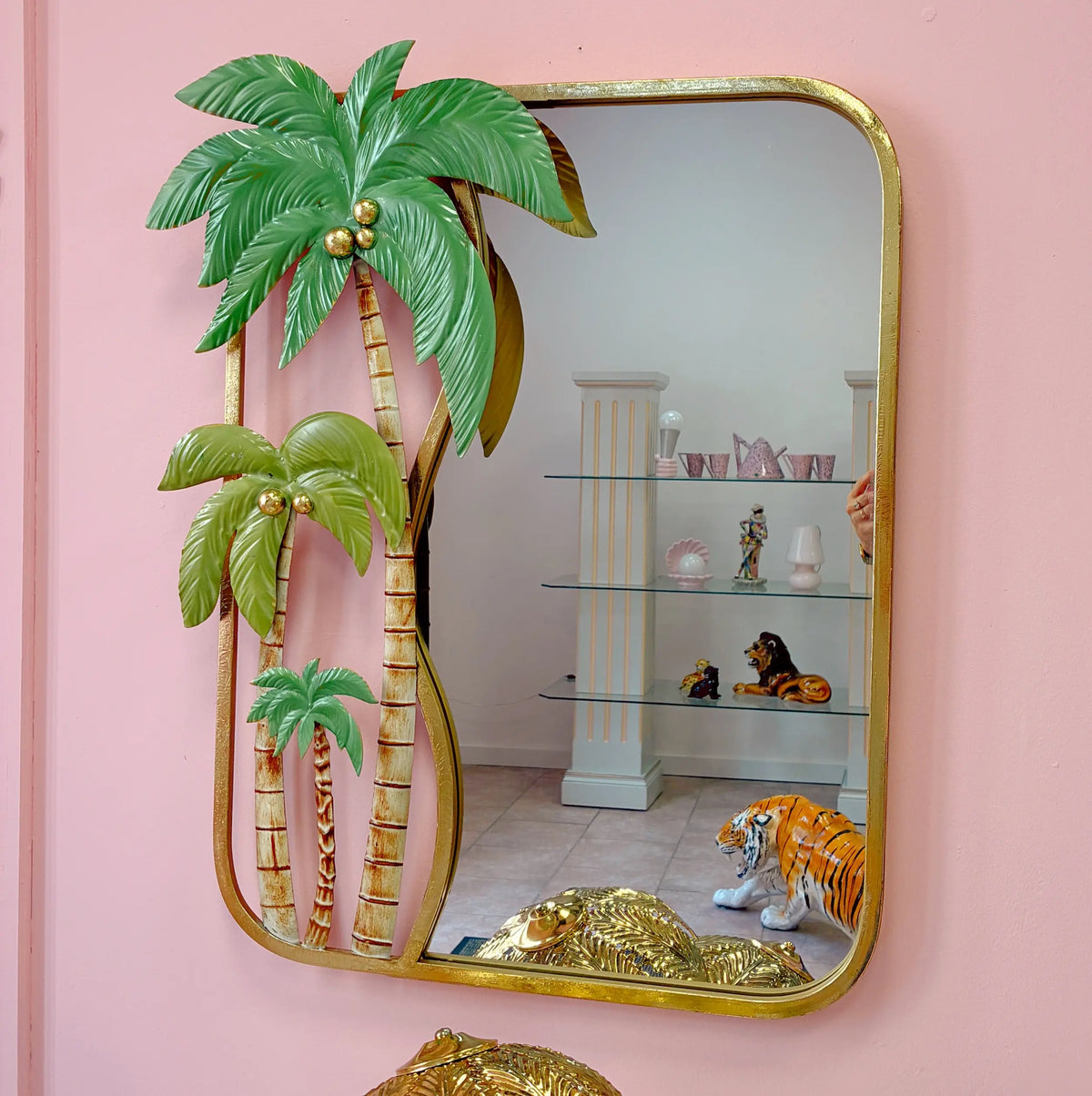 Grand miroir palmier vintage italien, métal doré, Hollywood Regency, années 70