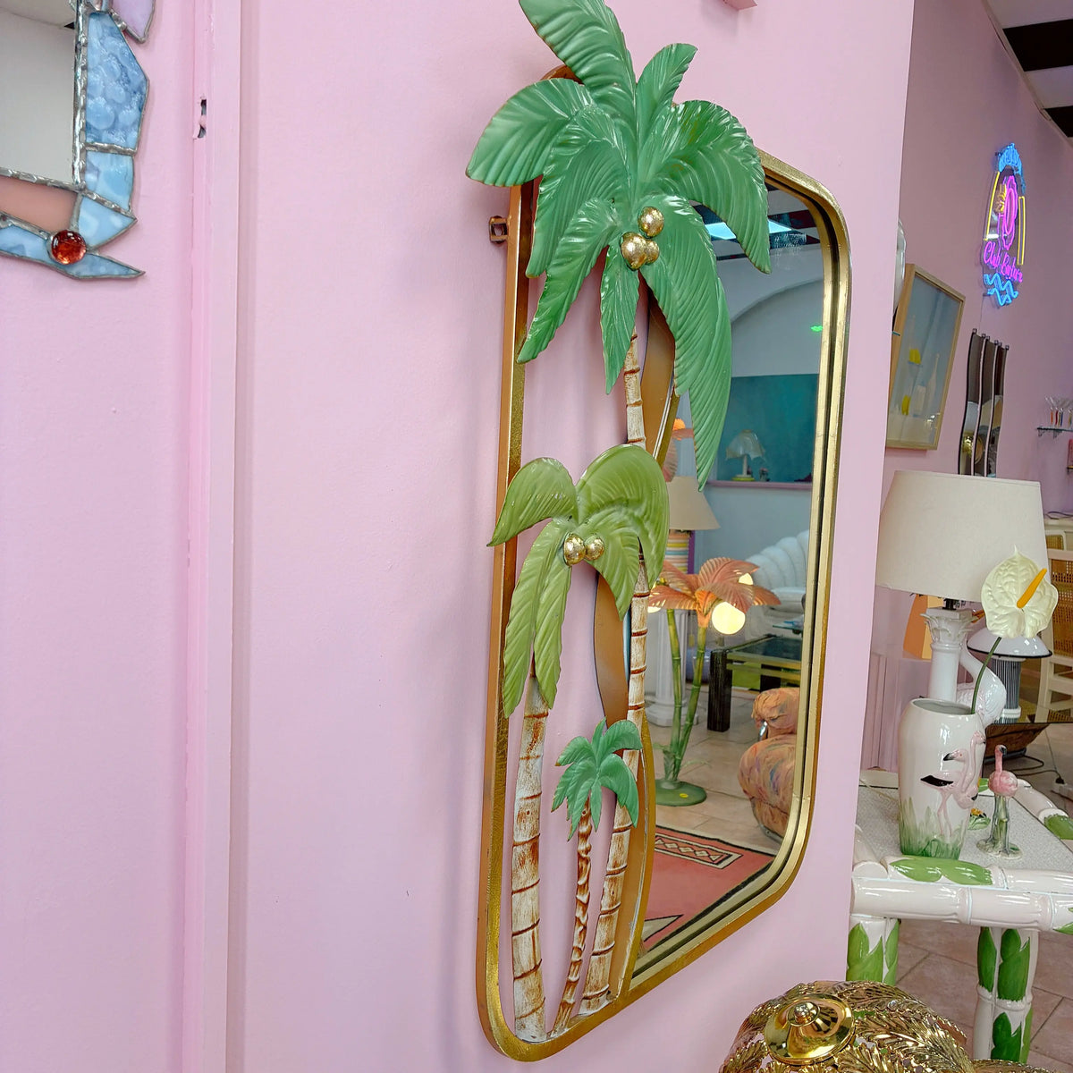 Grand miroir palmier vintage italien, métal doré, Hollywood Regency, années 70