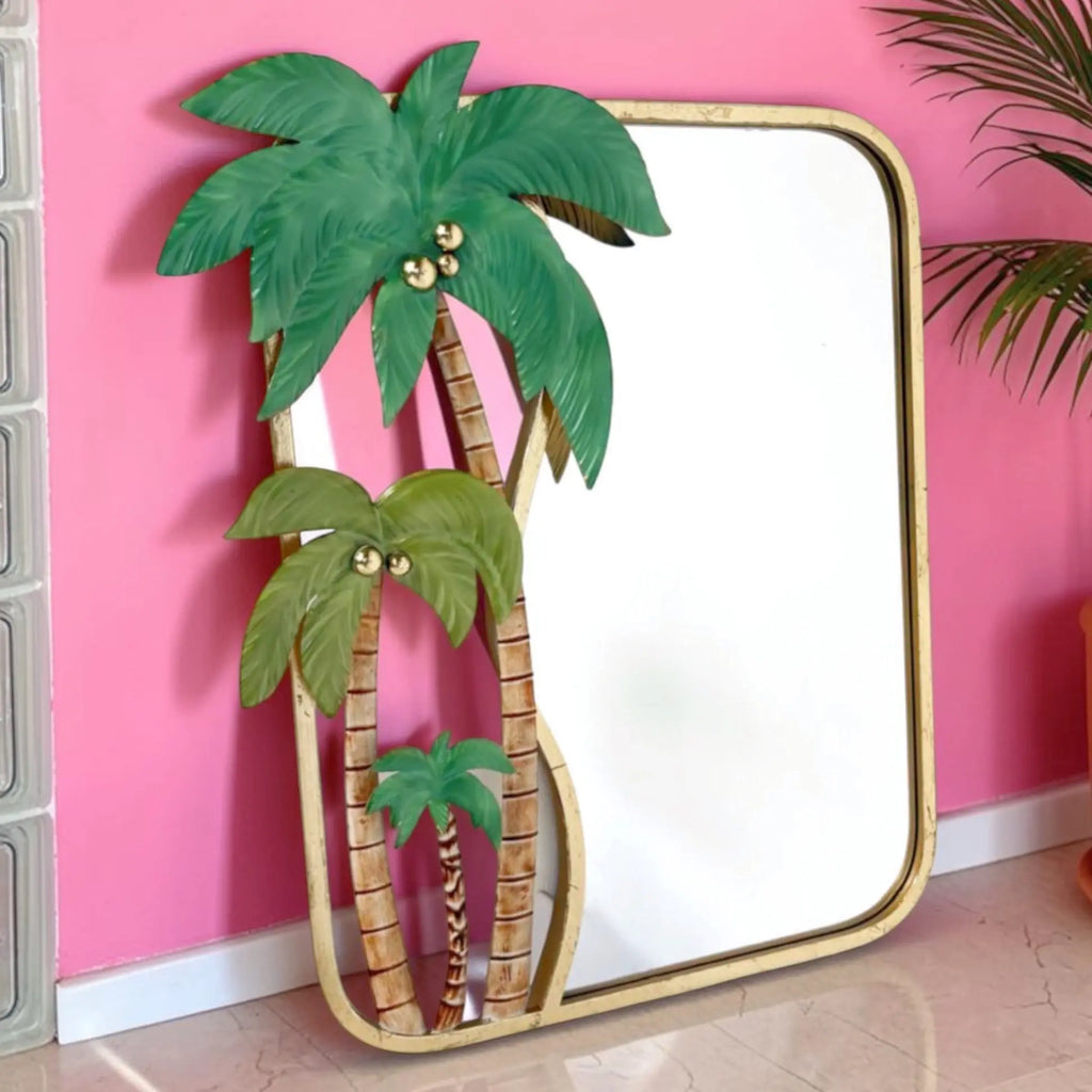 Miroir palmier vintage italien en métal doré des années 70
