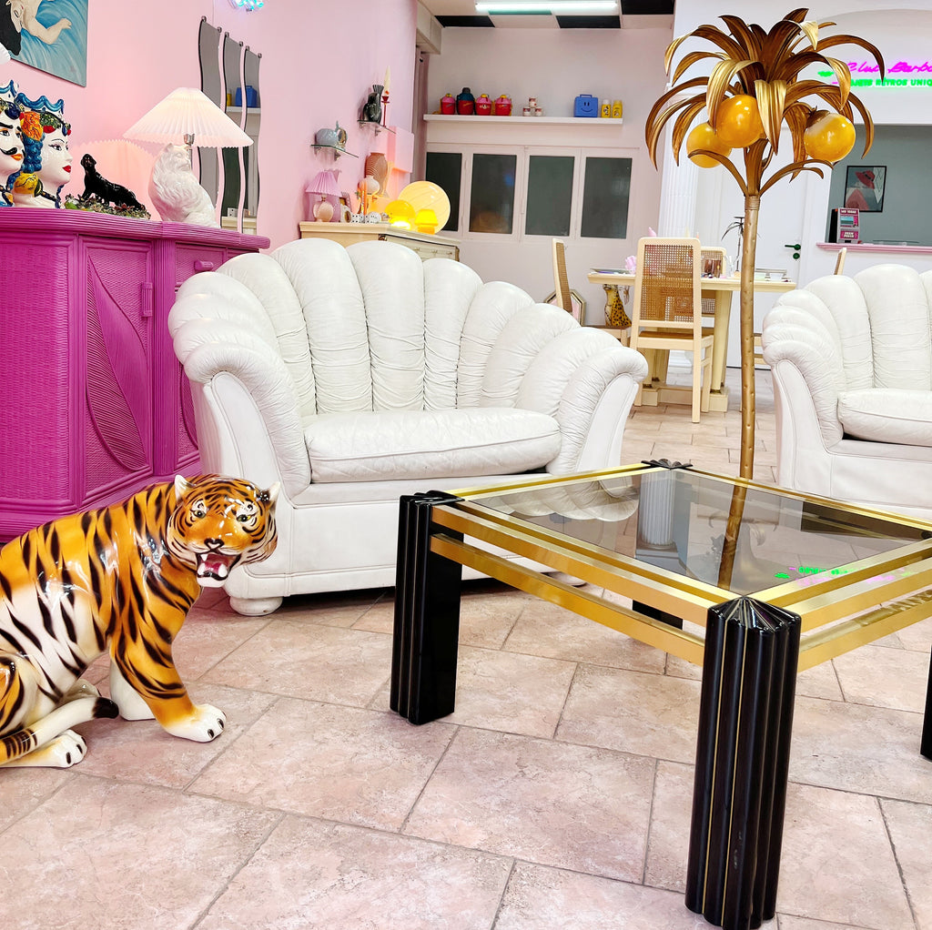 Ensemble canapé et fauteuil coquillage vintage en cuir blanc, années 70