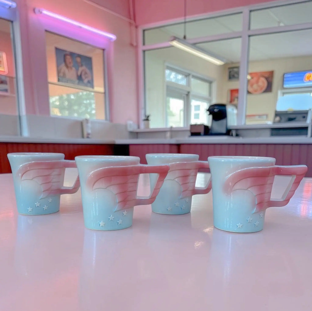 Set de 4 mugs vintage céramique, made in Japan, motif étoiles pastel, Vandor 1979