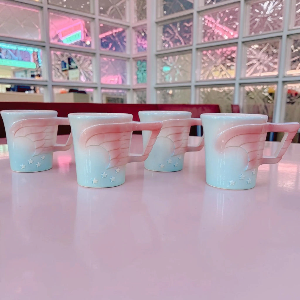 Set de 4 mugs vintage céramique, made in Japan, motif étoiles pastel, Vandor 1979