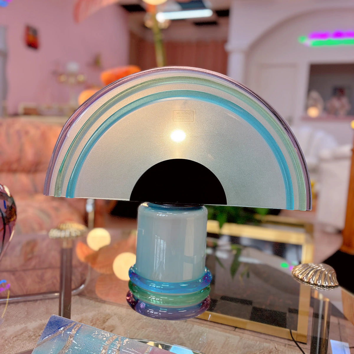 Lampe demi-lune en verre de Murano vintage, arc-en-ciel pastel, années 80