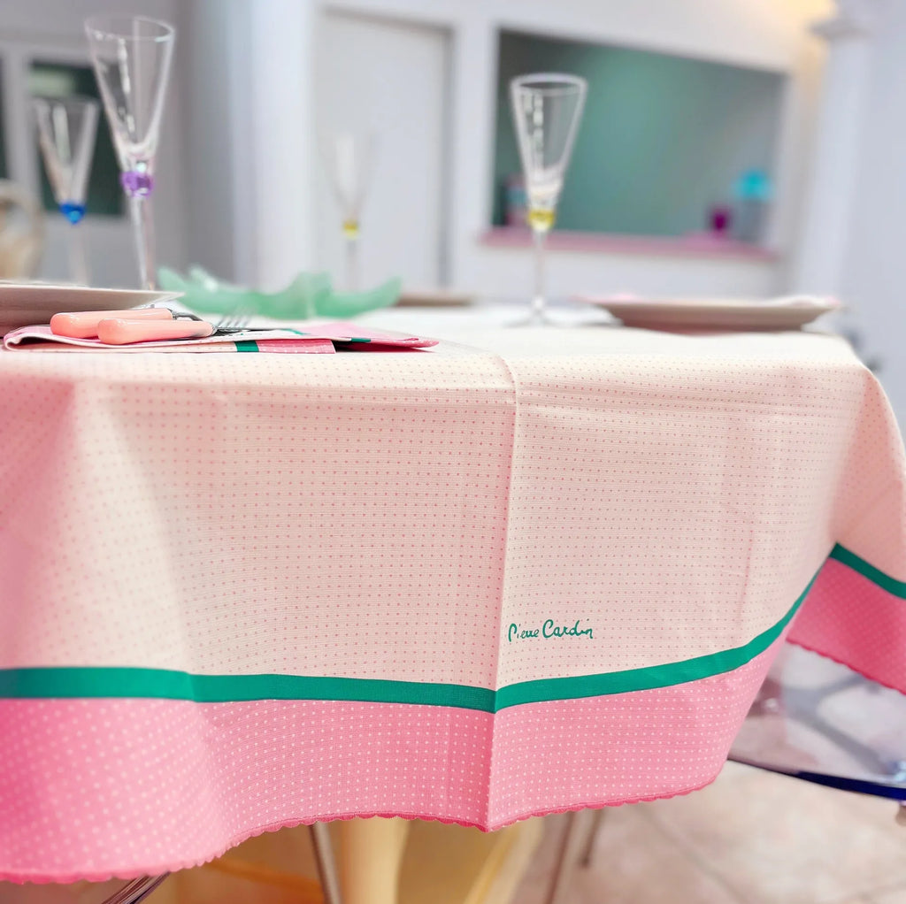 Nappe ronde et 8 serviettes en coton vintage Pierre Cardin pour Zucchi, pois pastels, années 80. - Club Barbara