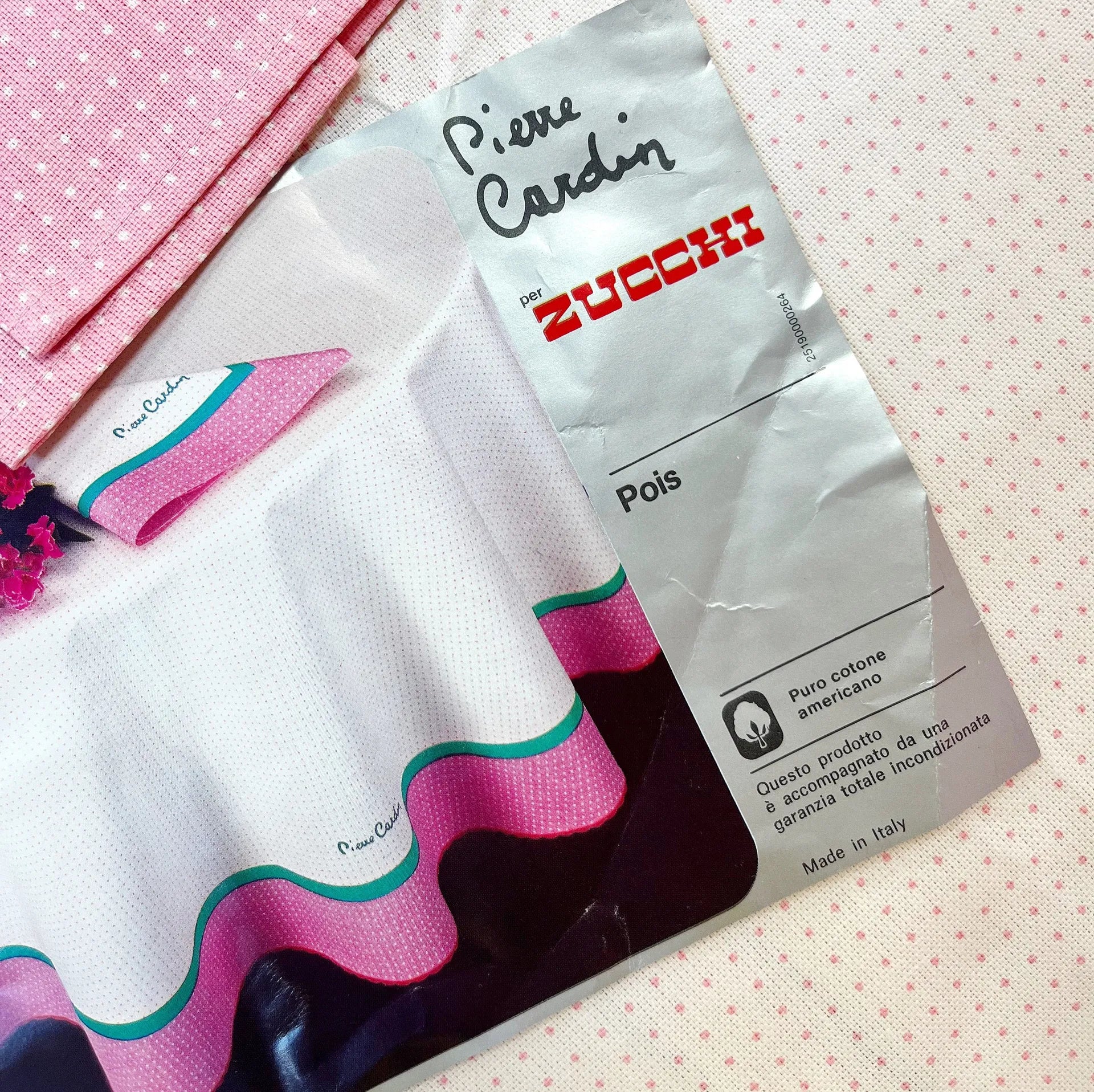 Nappe ronde et 8 serviettes en coton vintage Pierre Cardin pour Zucchi, pois pastels, années 80. - Club Barbara