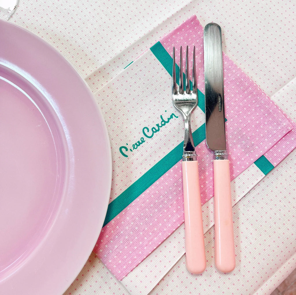Nappe ronde et 8 serviettes en coton vintage Pierre Cardin pour Zucchi, pois pastels, années 80. - Club Barbara