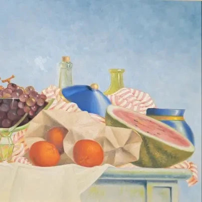 Nature morte à la pastèque et aux raisins, Patrick Le Flohic, tableau original 79 x 59 cm