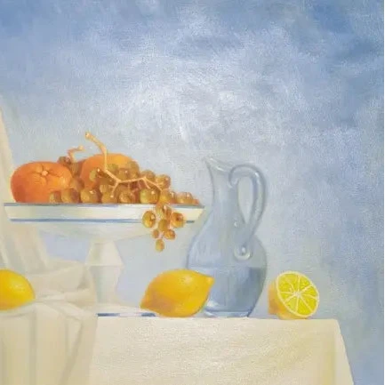 Nature morte aux agrumes et à la carafe, Patrick Le Flohic, tableau original 79 x 59 cm