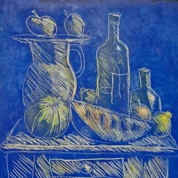 Nature morte sur fond bleu outremer et dorure, Patrick Le Flohic, tableau original 79 x 59 cm