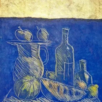 Nature morte sur fond bleu outremer et dorure, Patrick Le Flohic, tableau original 79 x 59 cm