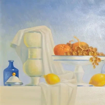 Nature morte aux agrumes et à la carafe, Patrick Le Flohic, tableau original 79 x 59 cm