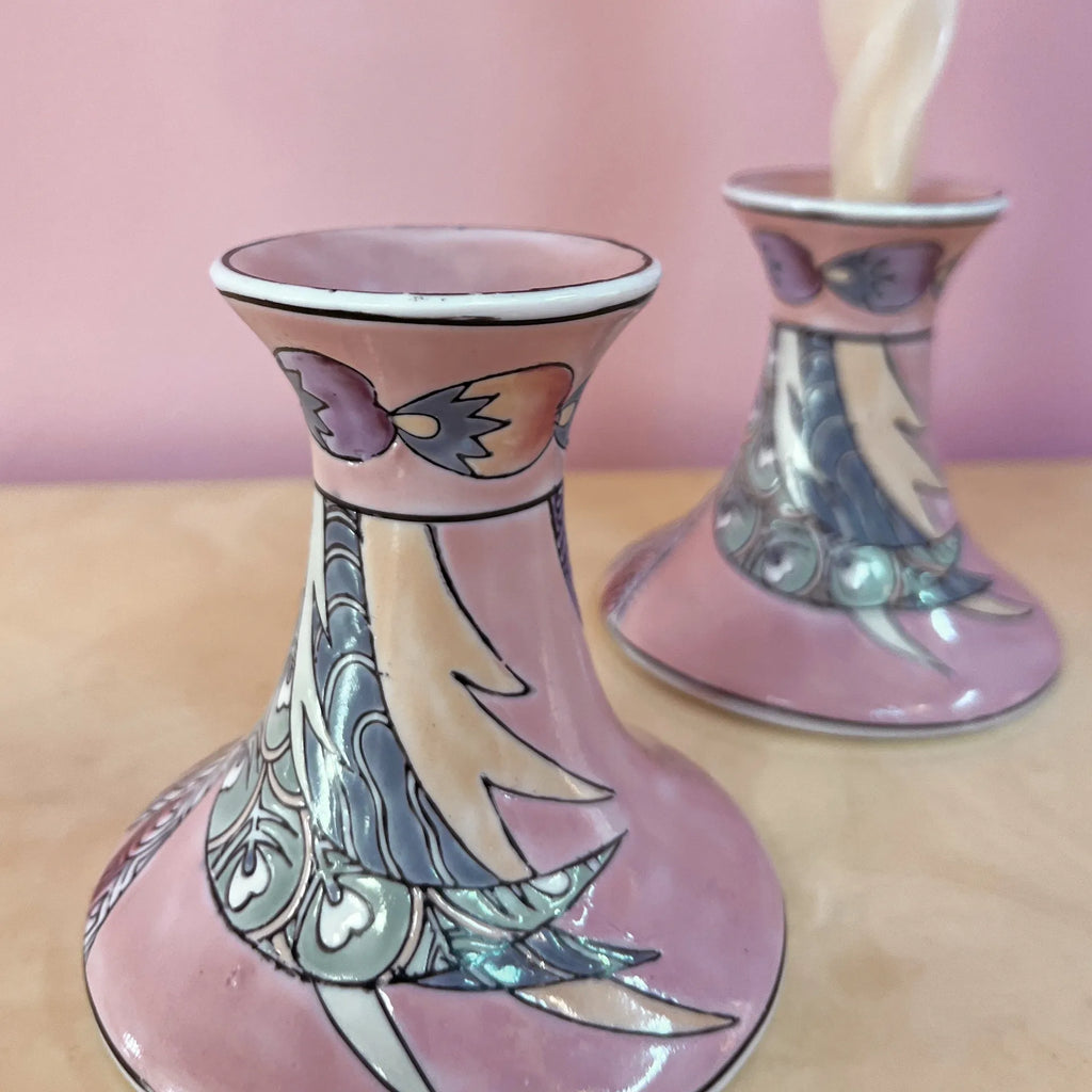 Paire de bougeoirs pastel, Porcelaine de Macao, années 80 - Club Barbara