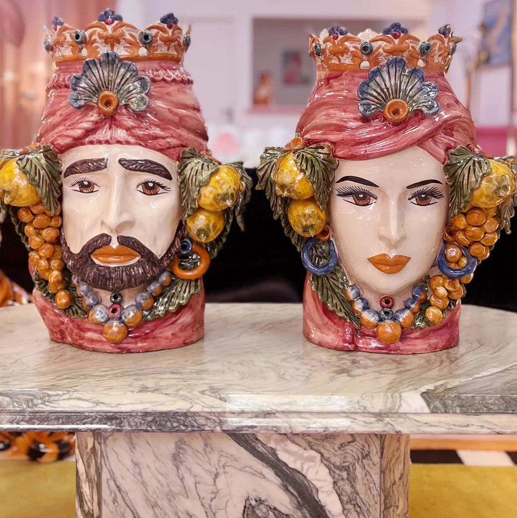 Paire de Têtes de Maure géantes en céramique de Caltagirone, atelier G. Romano, Sicile, années 1960-1970 - Club Barbara