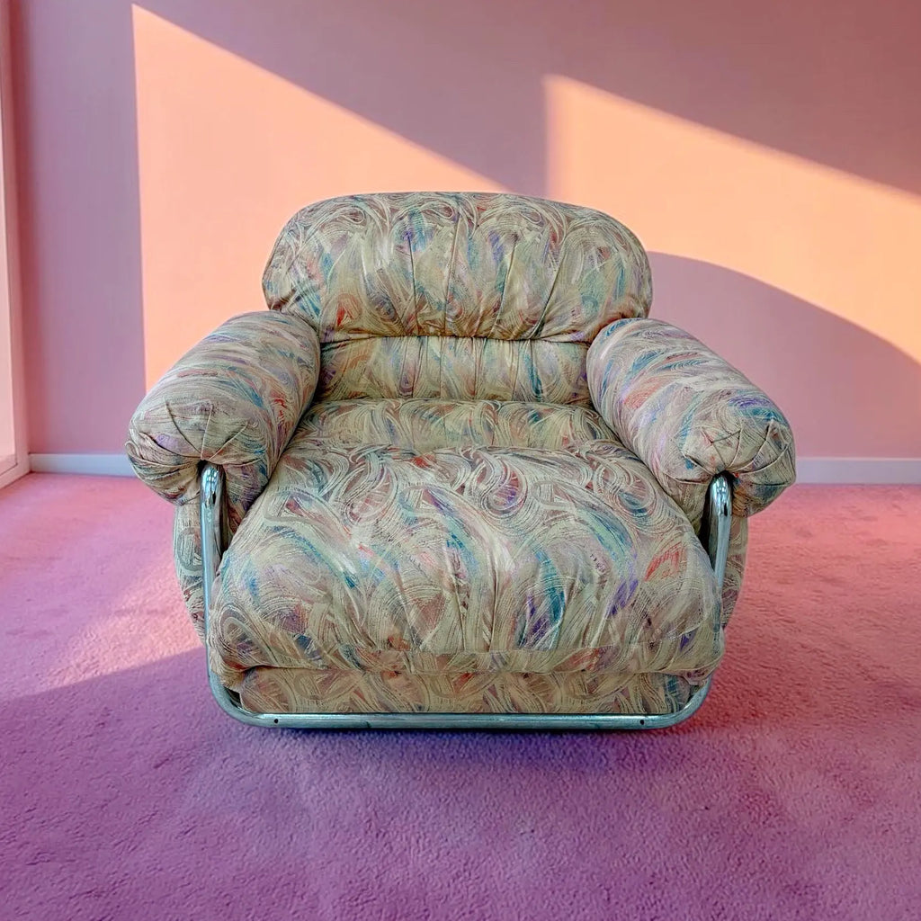 Paire de fauteuils vintage, tube chromé, tissu jacquard pastel, design italien années 70-80