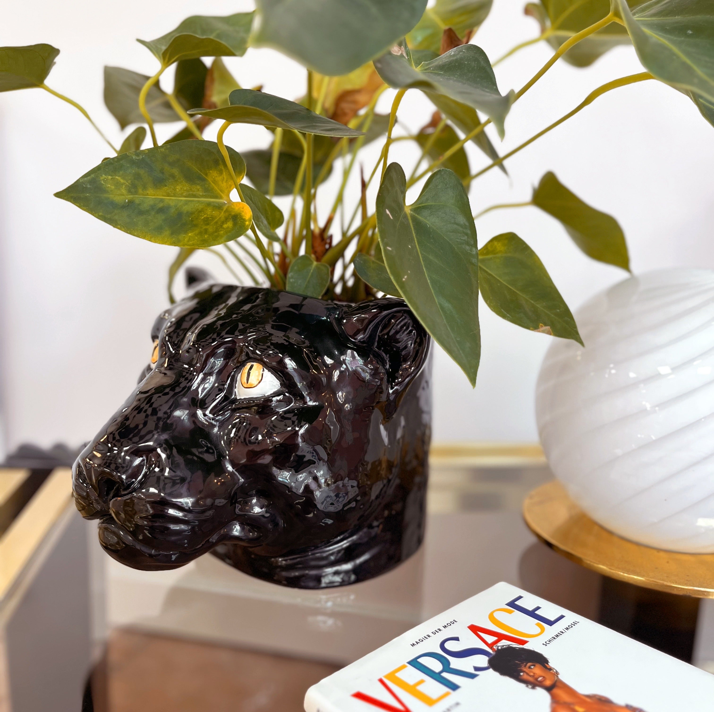 Cache-pot Panthère Noire en Céramique Émaillée, Années 80