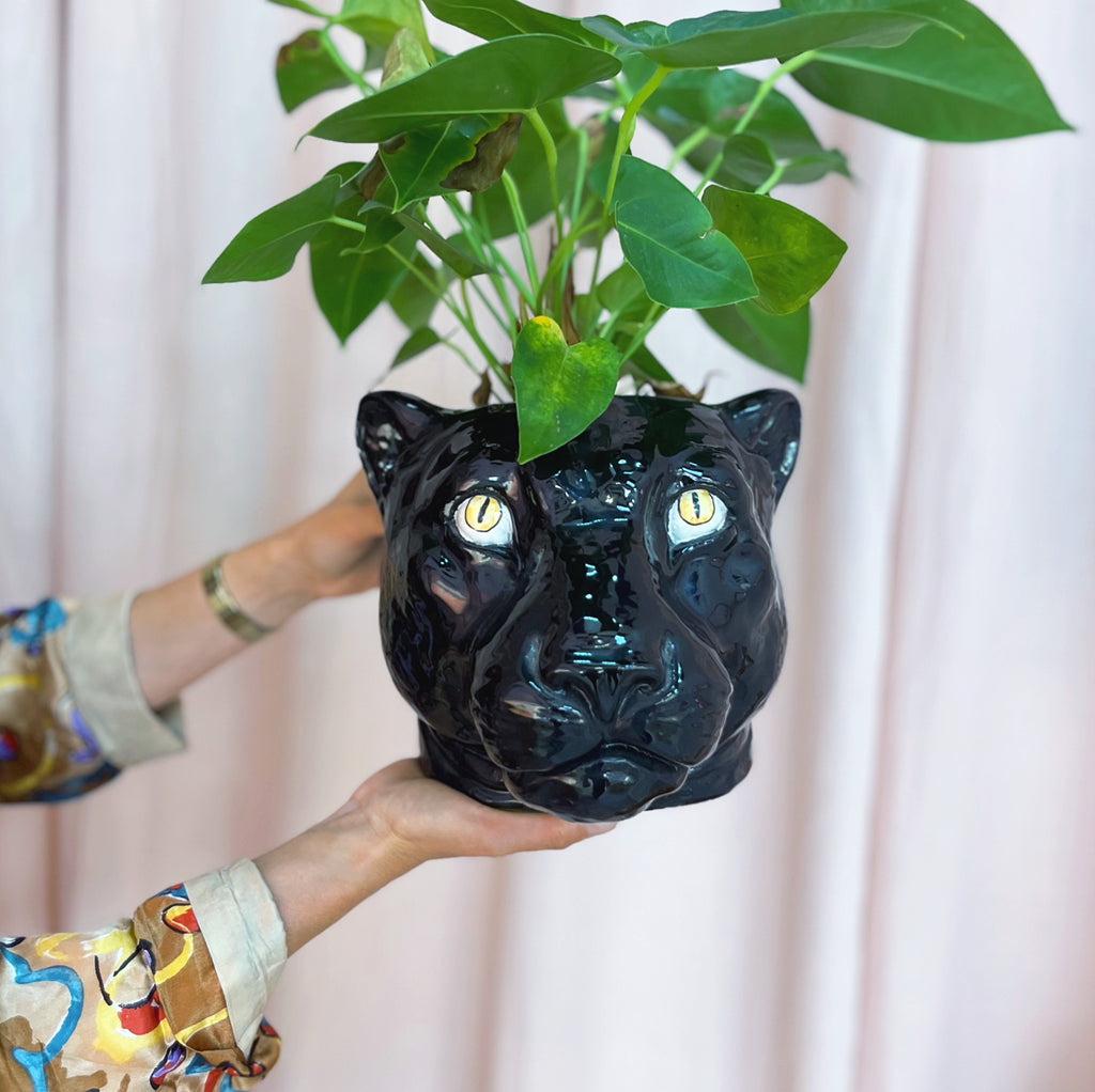 Cache-pot Panthère Noire en Céramique Émaillée, Années 80