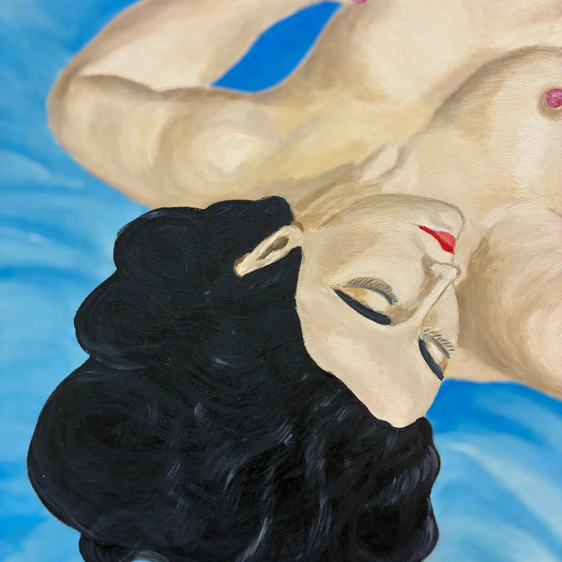 Peinture nue vintage, femme allongée, huile sur toile signée A. Rey, cadre argenté - Club Barbara