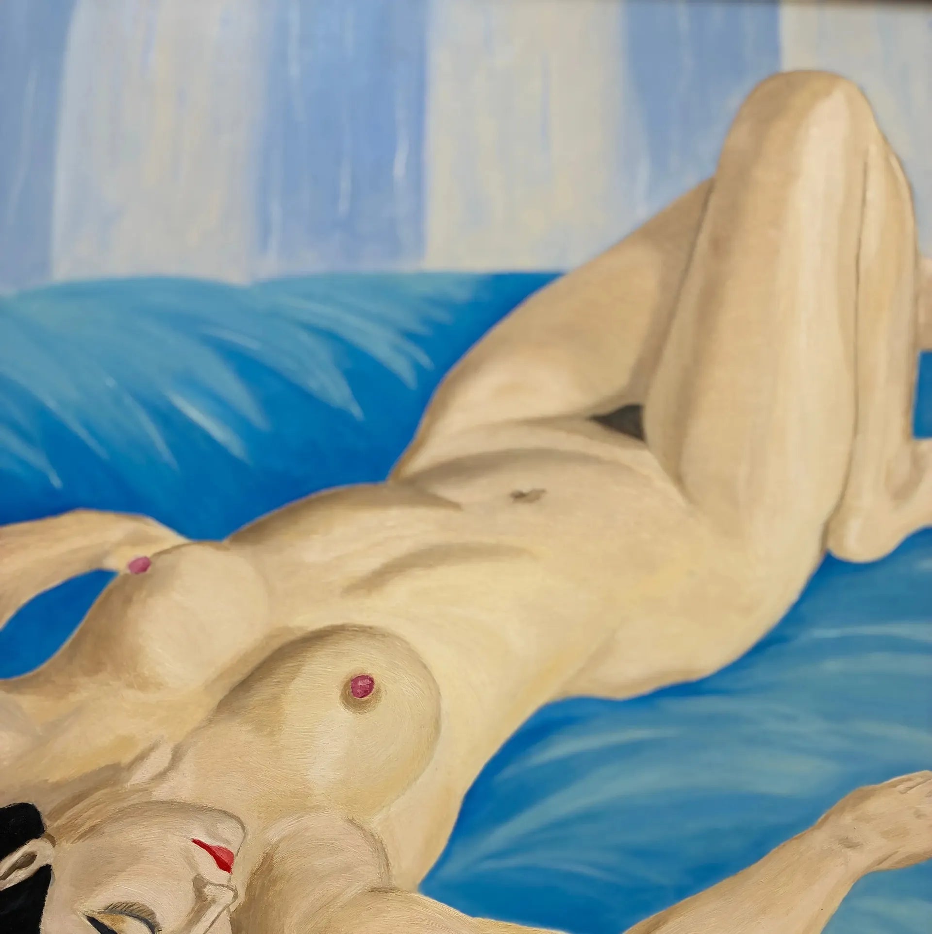 Peinture nue vintage, femme allongée, huile sur toile signée A. Rey, cadre argenté - Club Barbara
