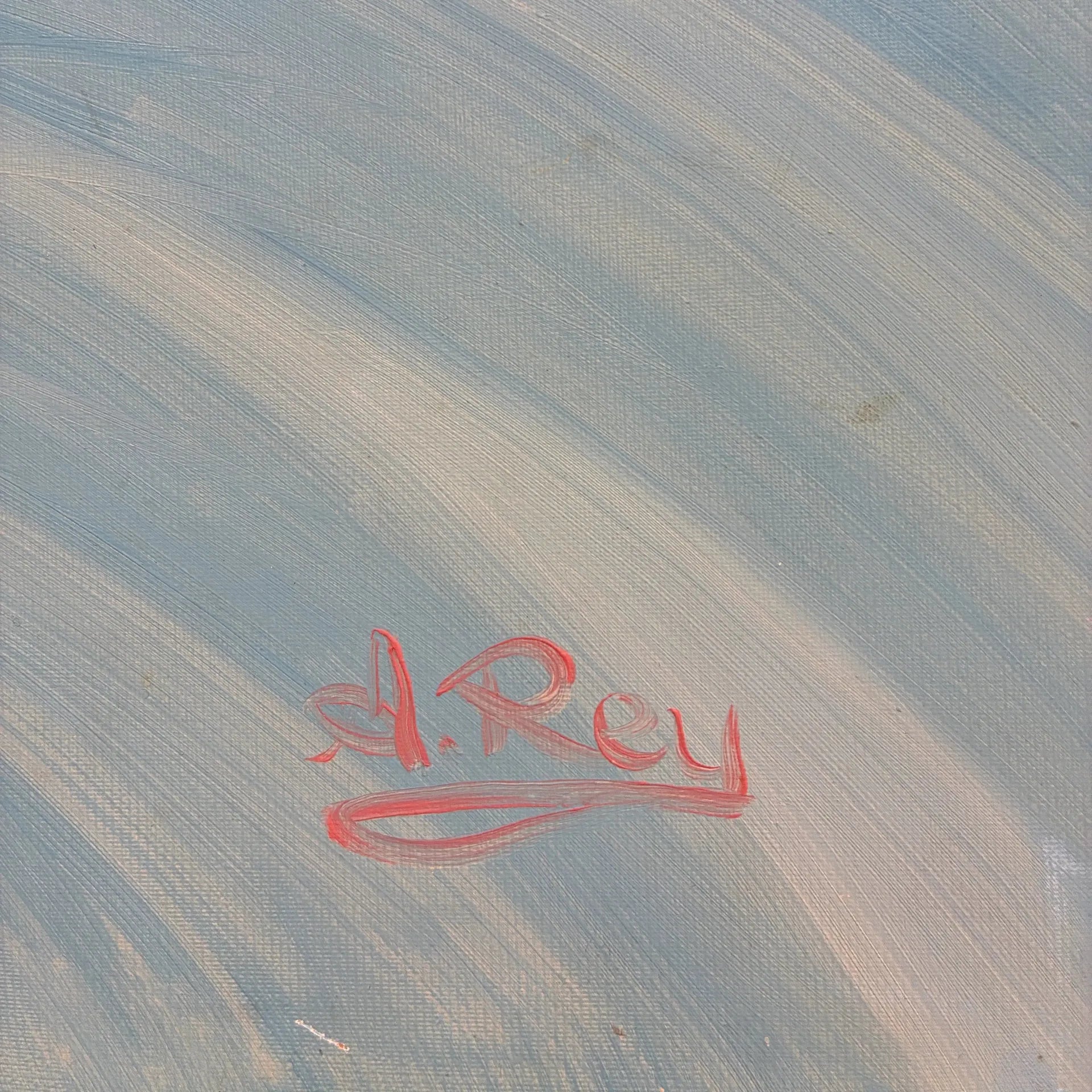 Peinture nue vintage, femme allongée, huile sur toile signée A. Rey, cadre argenté - Club Barbara