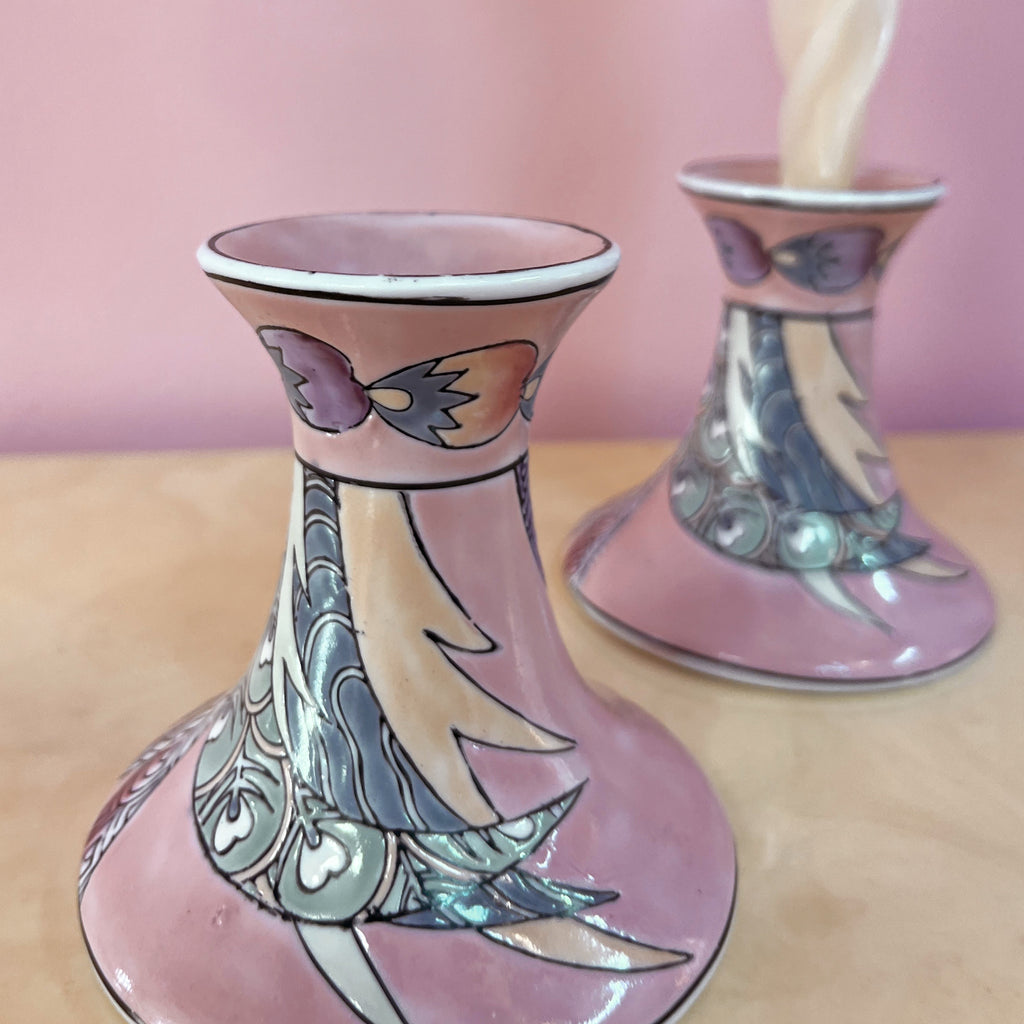 Paire de bougeoirs pastel, Porcelaine de Macao, années 80