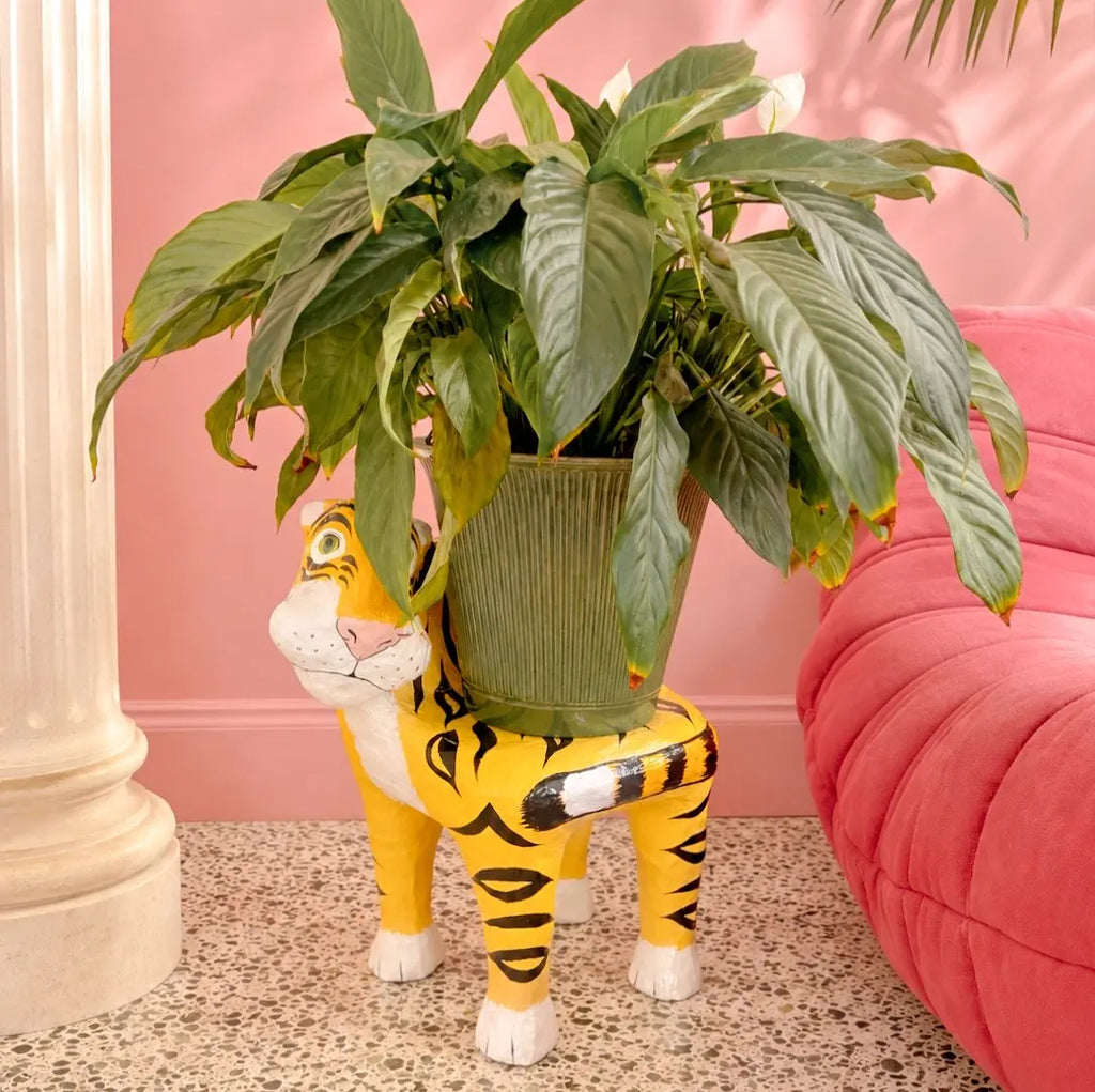 Sellette tigre vintage en papier mâché laqué, porte plante, années 90