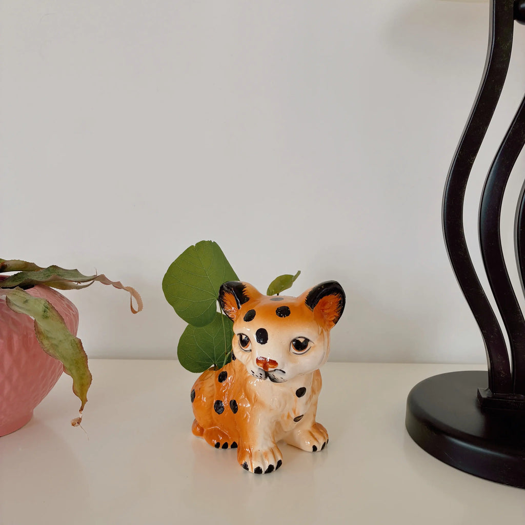 Cache pot léopard céramique vintage, peint à la main, années 70