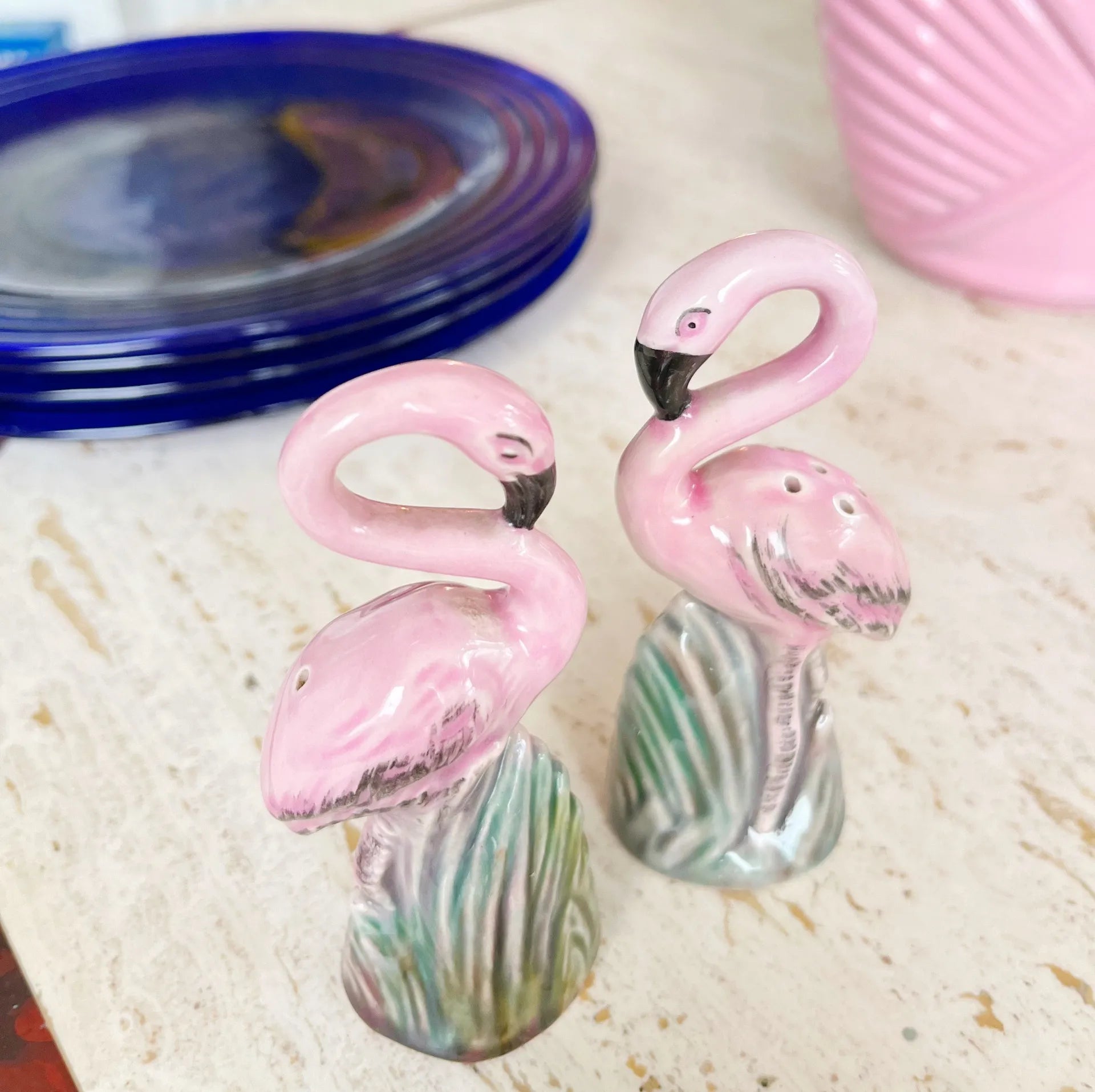 Salière et poivrière en céramique vintage flamants roses - Club Barbara