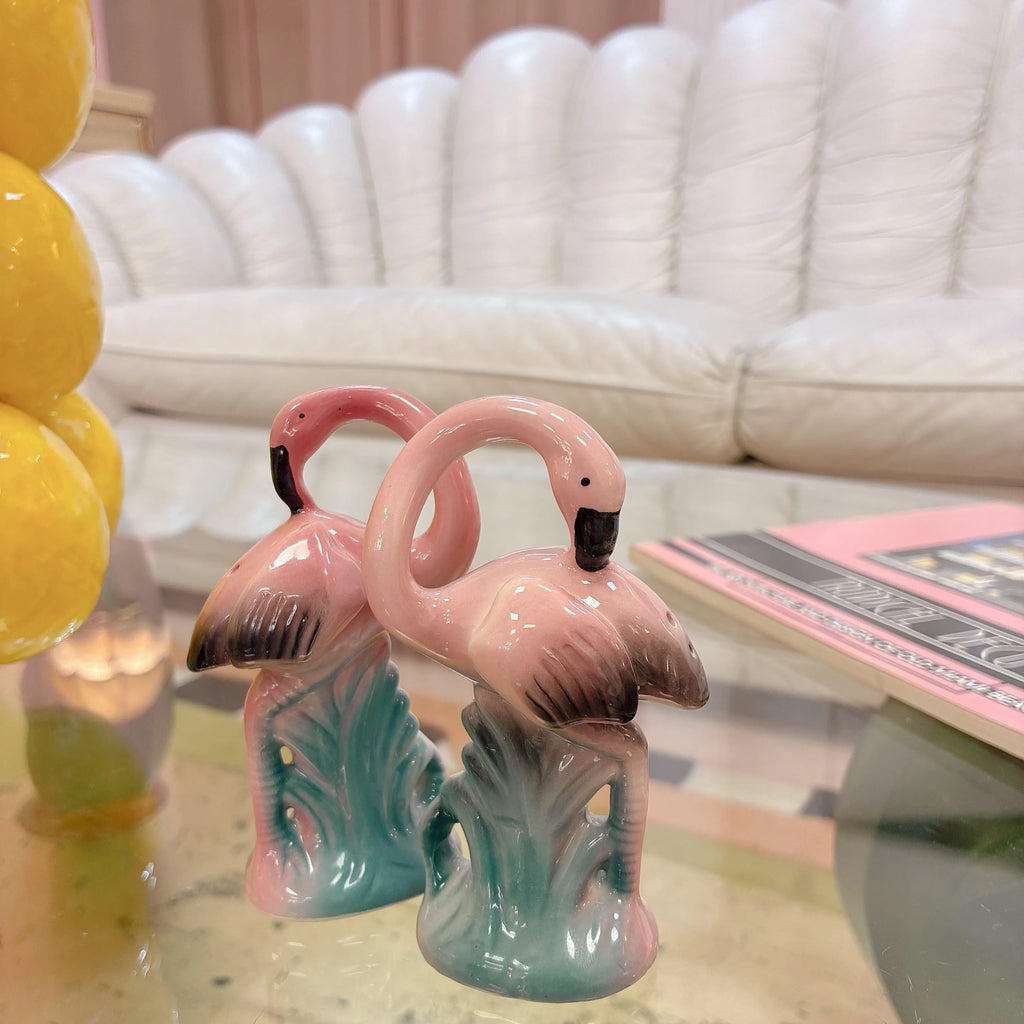 Salière et poivrière vintage en forme de flamant rose en céramique émaillée

