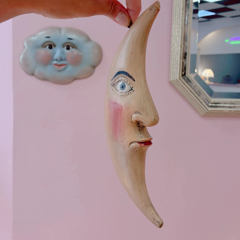 Sculpture murale lune, visage sculpté Moon Man, Folk Art vintage, années 80 - Club Barbara