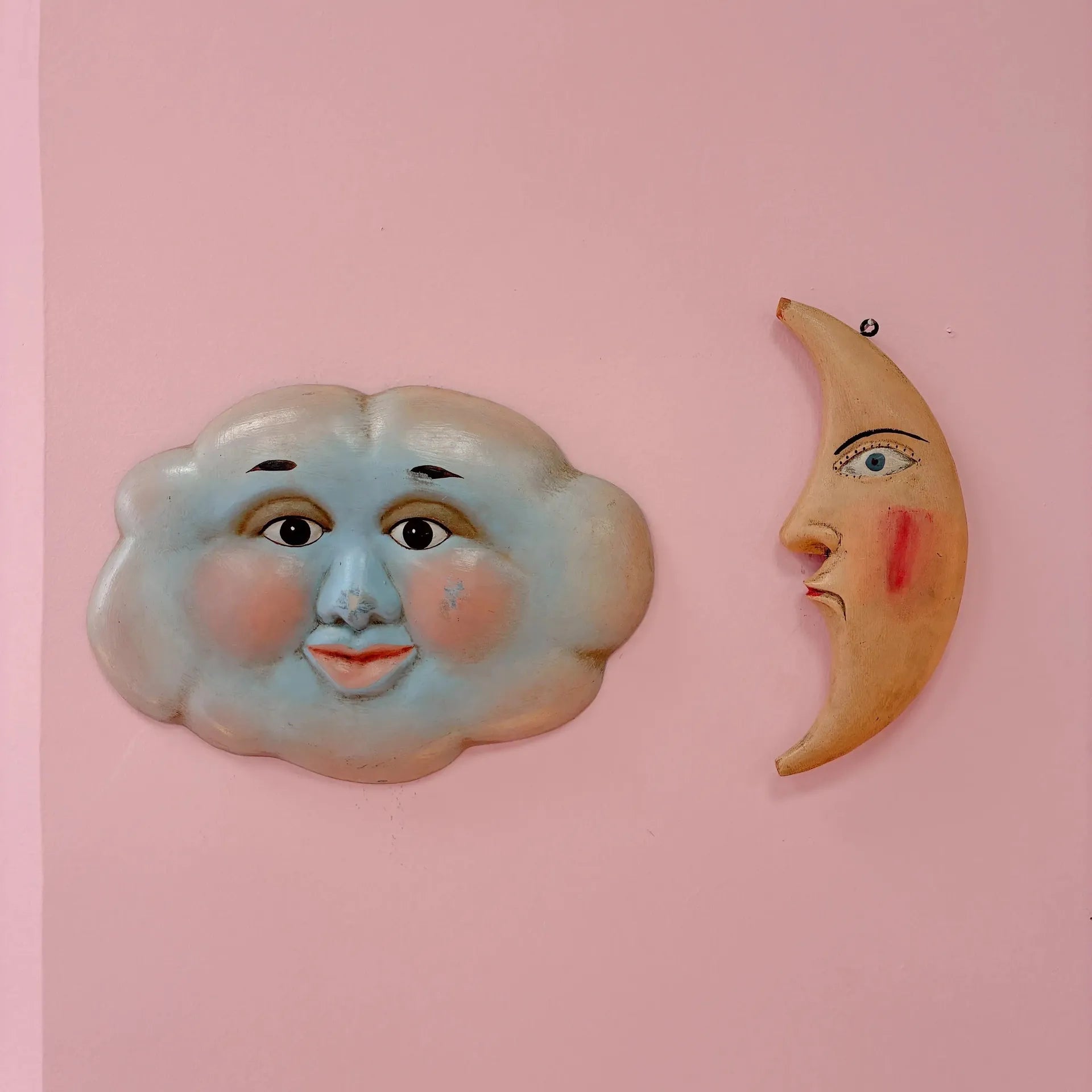 Sculpture murale lune, visage sculpté Moon Man, Folk Art vintage, années 80 - Club Barbara