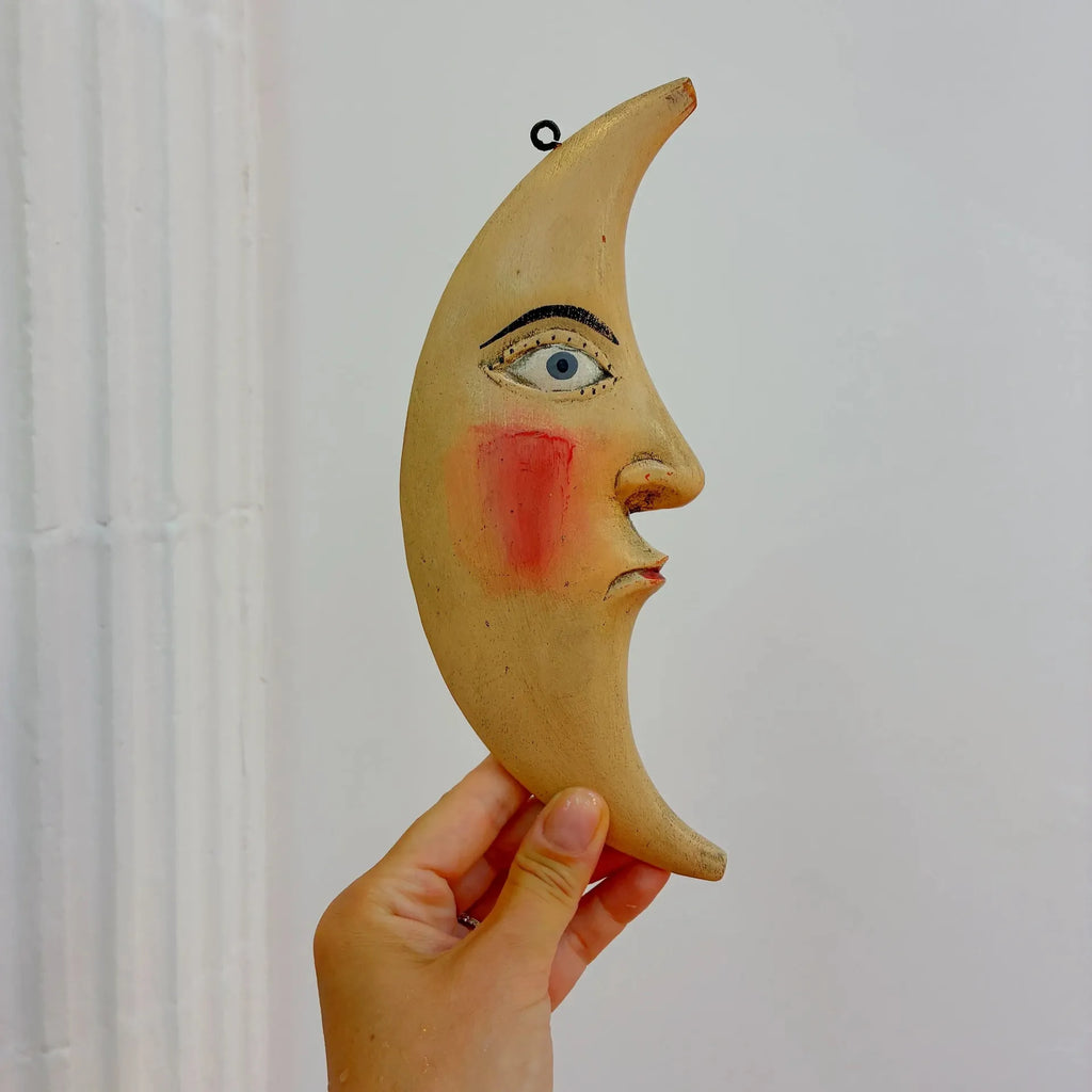 Sculpture murale lune, visage sculpté Moon Man, Folk Art vintage, années 80 - Club Barbara