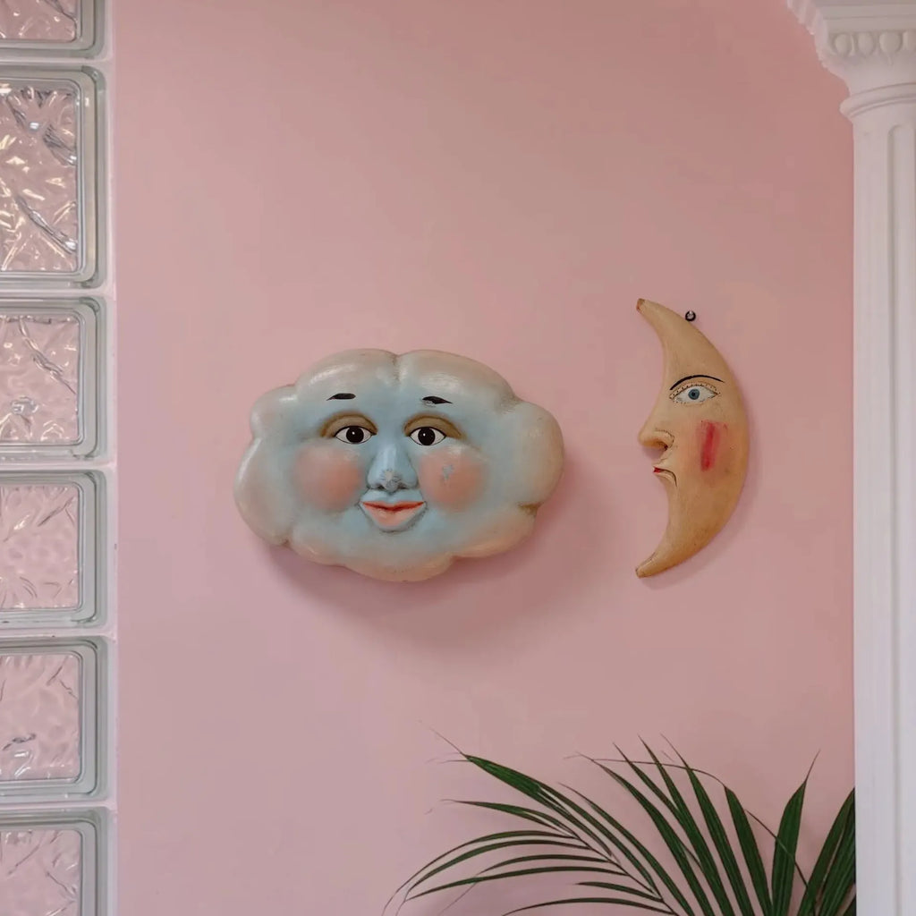 Sculpture murale nuage, visage peint à la main, Folk Art céleste, années 80 - Club Barbara