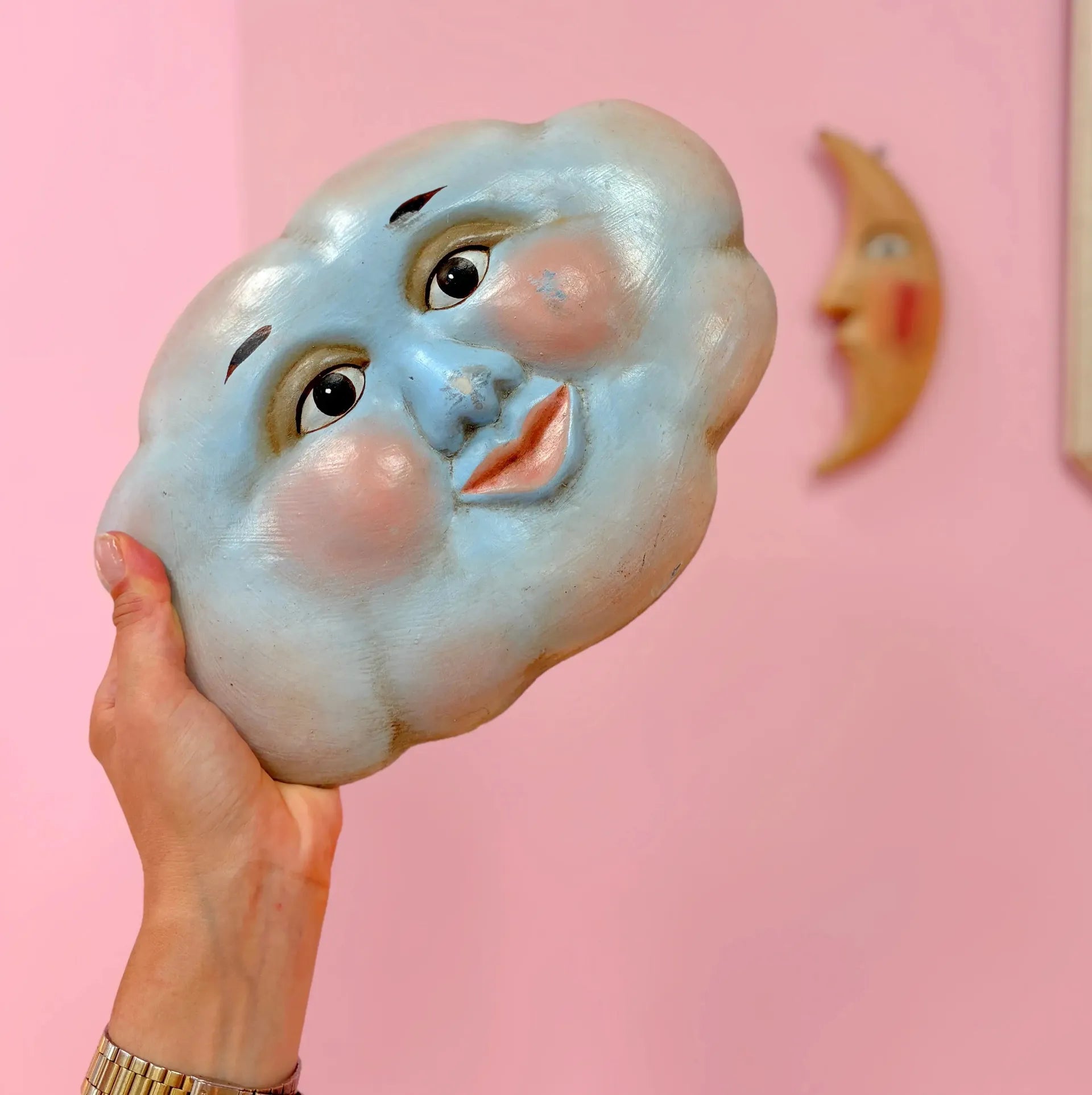 Sculpture murale nuage, visage peint à la main, Folk Art céleste, années 80 - Club Barbara