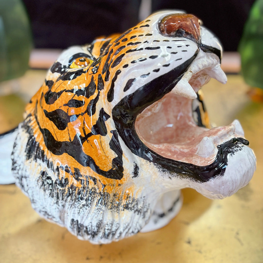 Tête de tigre vintage, trophée en céramique italienne peinte à la main, années 70